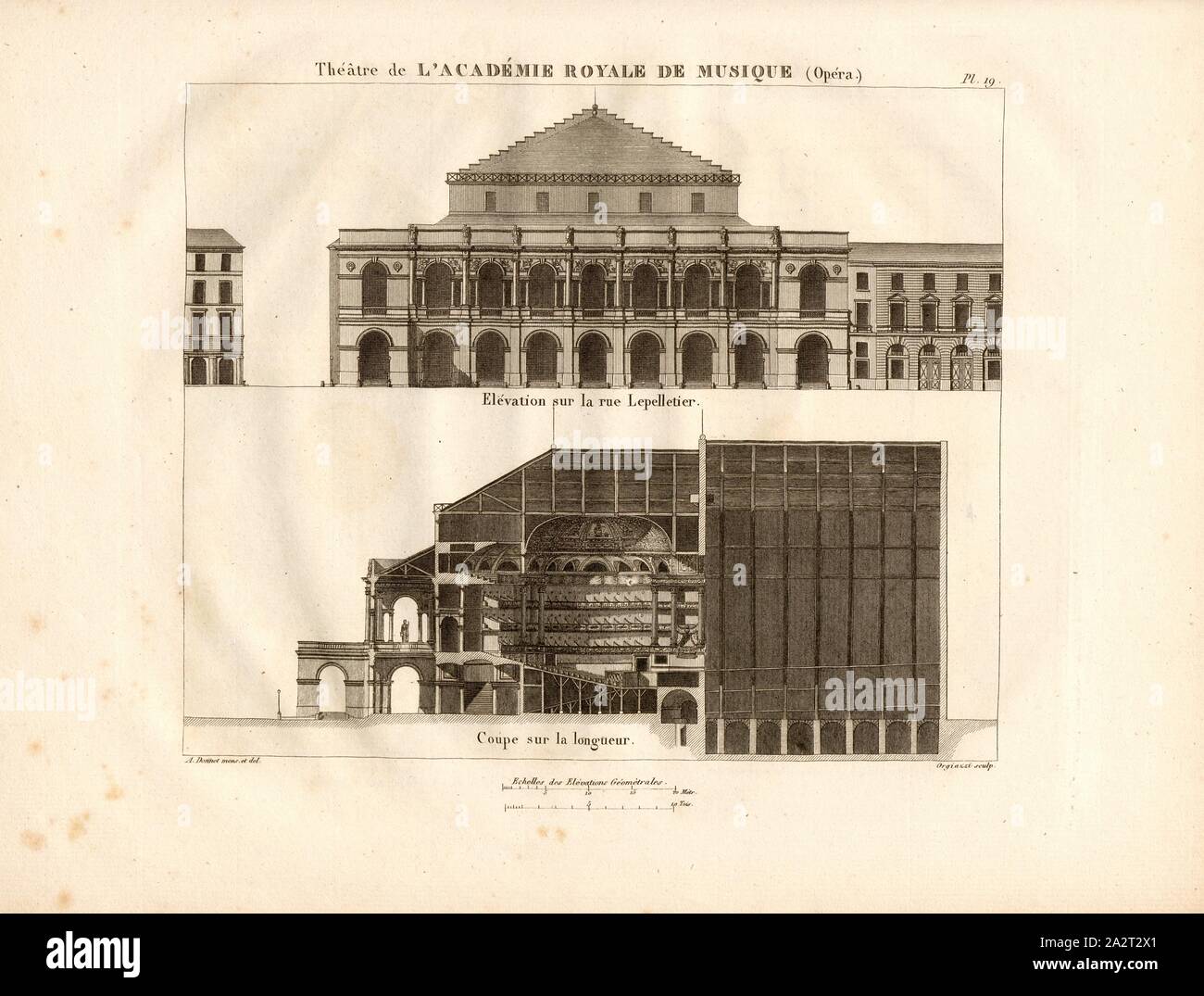 Théâtre de l'Academie Royale de Musique (Opéra), Salle Le Peletier di Parigi, firmato: A. Donnet mens., et del, Orgiazzi, Fig. 19, Pl. 19, S. 27, Donnet, Alexis (mens. et canc.); Orgiazzi, Alexis (sc.), Alexis Donnet, Orgiazzi, Jacques-Auguste Kaufmann: Architectonographie des théâtres, ou parallèle historique et critique de ces édifices, considérés sous le rapport de l'architecture et de la décoration. Parigi: L. Mathias (Augustin), MDCCCXXXVII [1837 Foto Stock