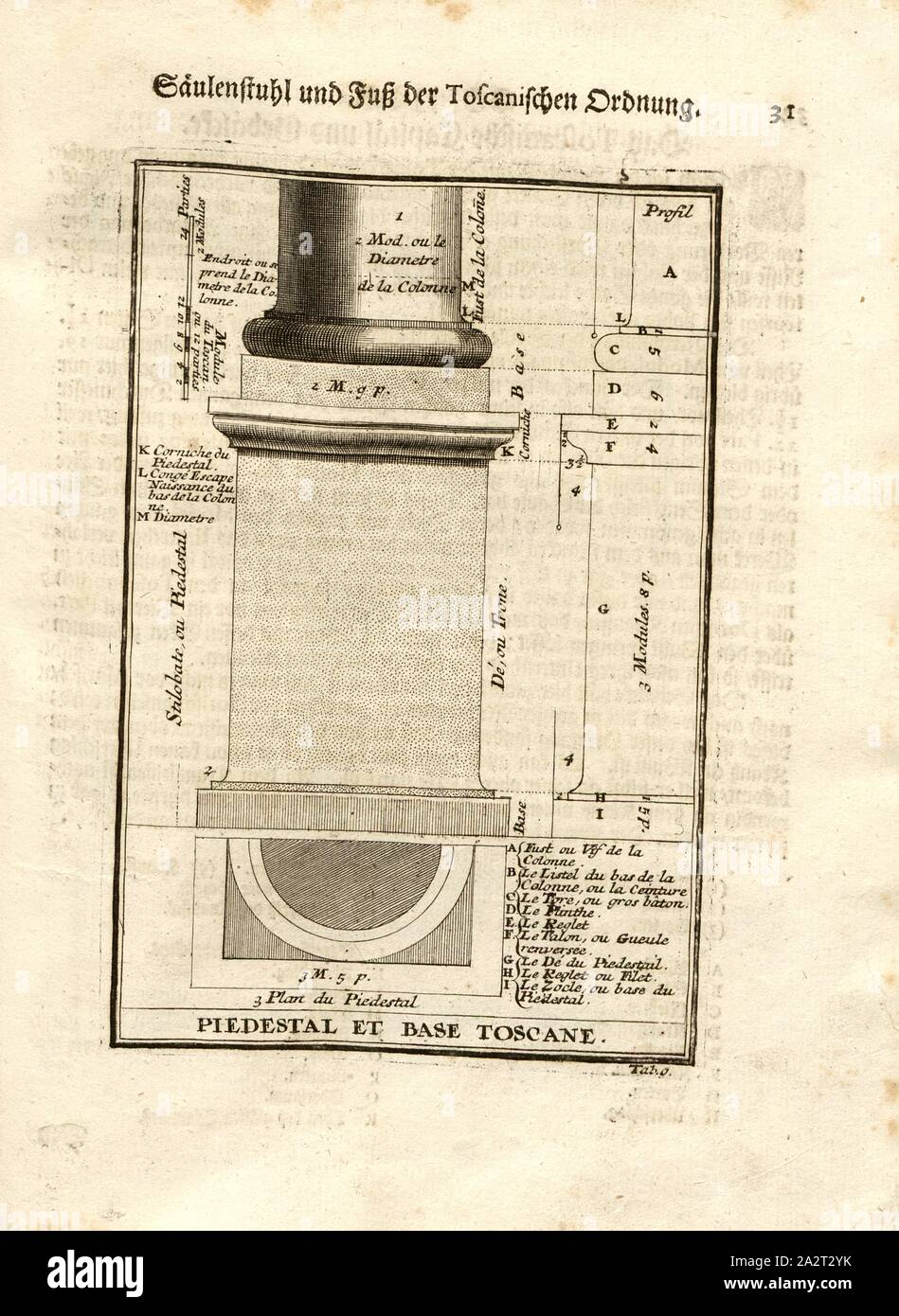 Sedia di colonna e piede dell'ordine toscano, Denominazione e classificazione delle varie sezioni di una base a colonna e base in ordine toscano, Tab. 9, p. 31, Sturm, Leonhard cristiano, 1725, Giacomo Barozzi da Vignola: Ausführliche Anleitung zu der gantzen Civil-Bau-Kunst: worinnen denen nebst Lebens-Beschreibungen, und den fünff Ordnungen von J. Bar. de Vignola wie auch dessen und des berühmten Mich Angelo vornehmsten Gebäuden, alles, era in der Baukunst Bauzeuge dem, der Austheilung und der Verzierung nach, così wohl bey der Bildhauer, Mahler, Steinmetze, Maurer und Zimmerleute, als Dach- Foto Stock