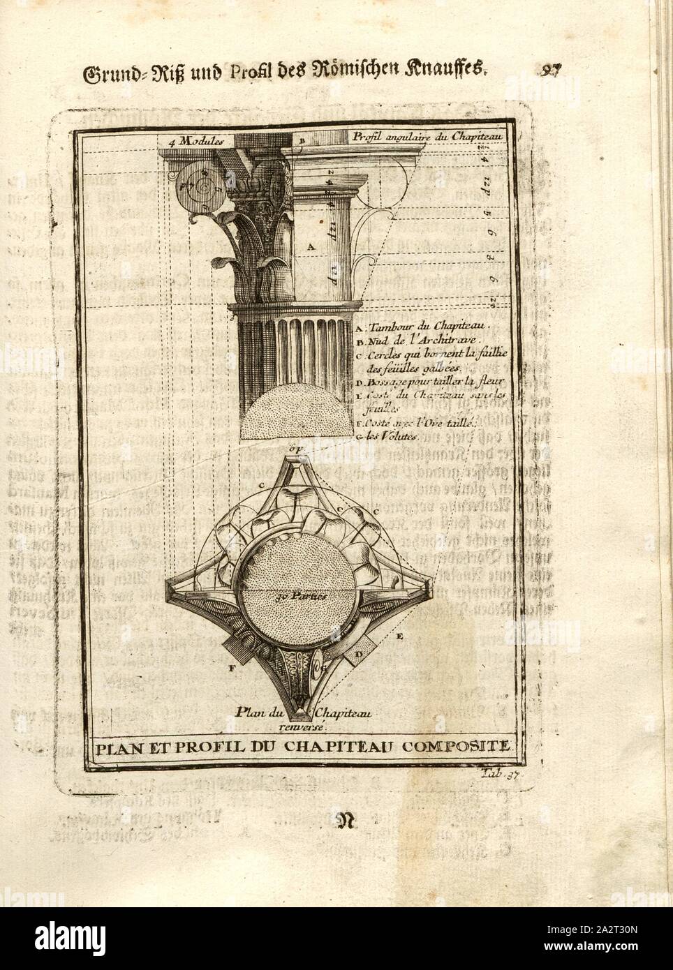 Piano piano e profilo del romano Knauffes, sezioni della capitale, l'estremità superiore di una colonna in ordine romano con sezione trasversale ed in vista frontale, tabella 37, pag. 97, Sturm, Leonhard cristiano, 1725, Giacomo Barozzi da Vignola: Ausführliche Anleitung zu der gantzen Civil-Bau-Kunst: worinnen denen nebst Lebens-Beschreibungen, und den fünff Ordnungen von J. Bar. de Vignola wie auch dessen und des berühmten Mich Angelo vornehmsten Gebäuden, alles, era in der Baukunst Bauzeuge dem, der Austheilung und der Verzierung nach, così wohl bey der Bildhauer, Mahler, Steinmetze, Maurer und Zimmerleute, als Foto Stock