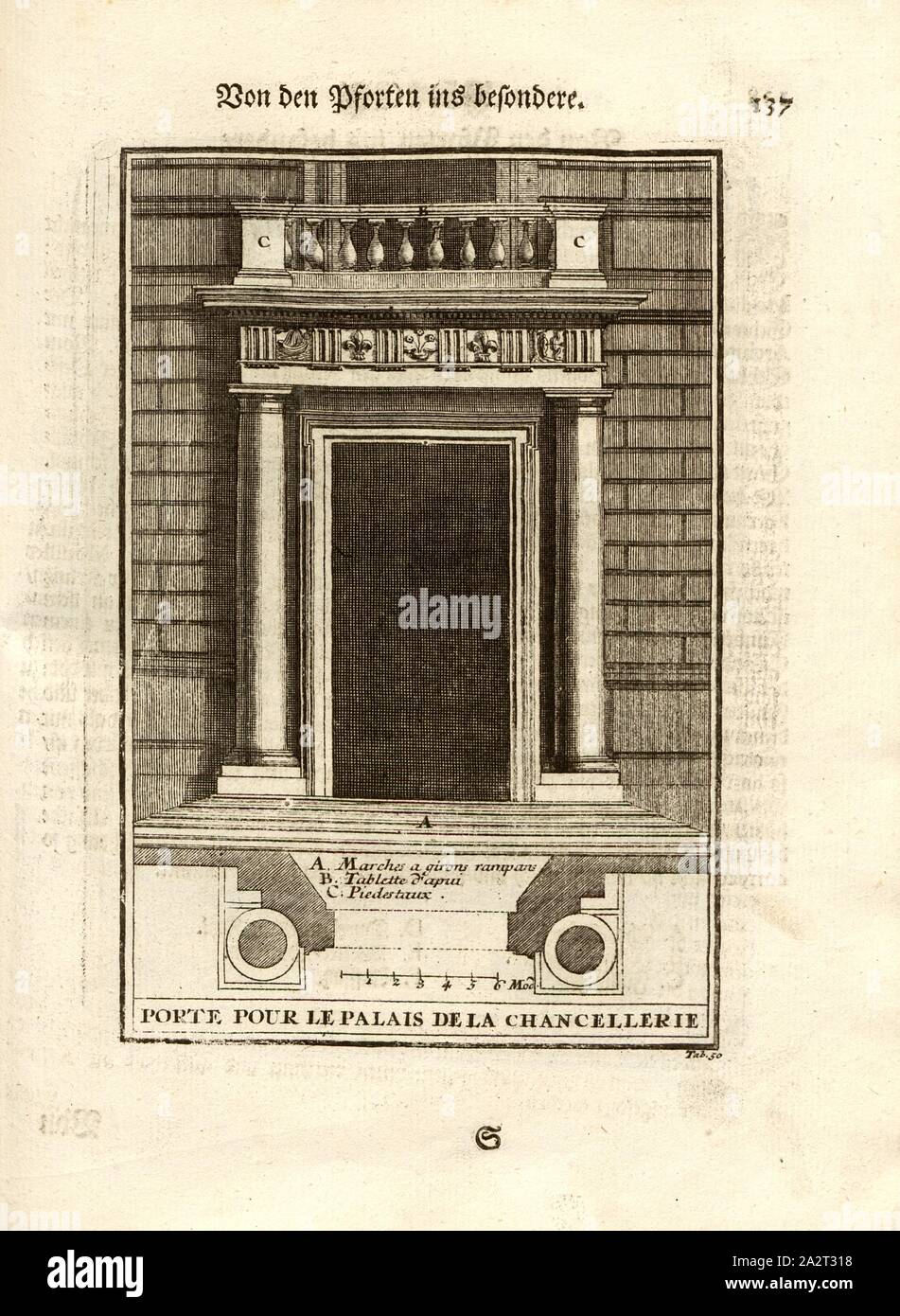 Dalle porte in particolare 1, i cancelli della cancelleria edificio, Tab. 50, p. 137, Sturm, Leonhard cristiano, 1725, Giacomo Barozzi da Vignola: Ausführliche Anleitung zu der gantzen Civil-Bau-Kunst: worinnen denen nebst Lebens-Beschreibungen, und den fünff Ordnungen von J. Bar. de Vignola wie auch dessen und des berühmten Mich Angelo vornehmsten Gebäuden, alles, era in der Baukunst Bauzeuge dem, der Austheilung und der Verzierung nach, così wohl bey der Bildhauer, Mahler, Steinmetze, Maurer und Zimmerleute, als Dach-Decker, Schlösser, Tischer Gärtner,... Augusta: bey Jeremias Wolffens seel Foto Stock