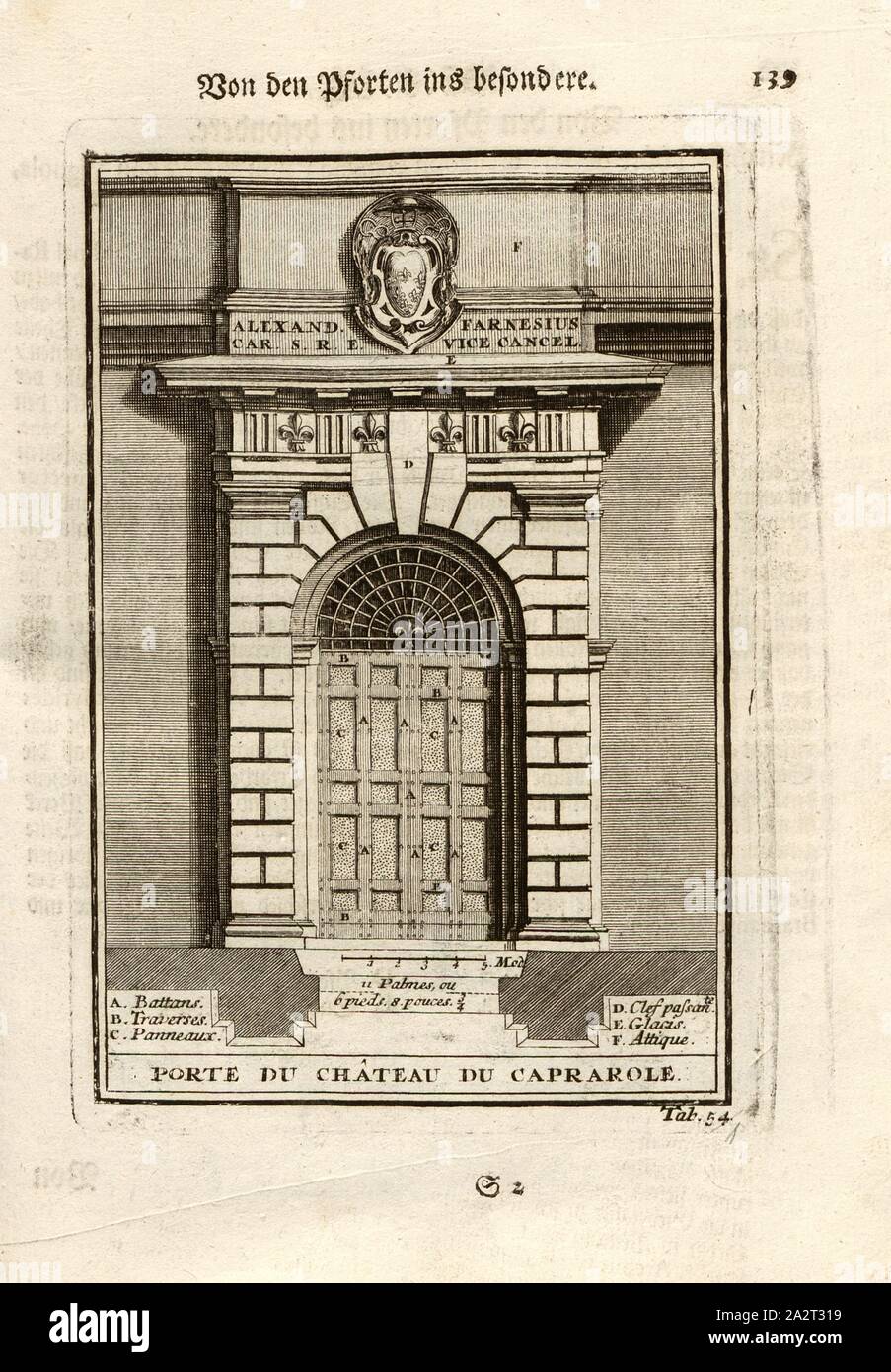 Dalle porte in particolare 2, porta d ingresso al castello di Caprarola in Italia, del palazzo Farnese, Tab. 51, p. 139, Sturm, Leonhard cristiano, 1725, Giacomo Barozzi da Vignola: Ausführliche Anleitung zu der gantzen Civil-Bau-Kunst: worinnen denen nebst Lebens-Beschreibungen, und den fünff Ordnungen von J. Bar. de Vignola wie auch dessen und des berühmten Mich Angelo vornehmsten Gebäuden, alles, era in der Baukunst Bauzeuge dem, der Austheilung und der Verzierung nach, così wohl bey der Bildhauer, Mahler, Steinmetze, Maurer und Zimmerleute, als Dach-Decker, Schlösser, Tischer, Gärtner Foto Stock