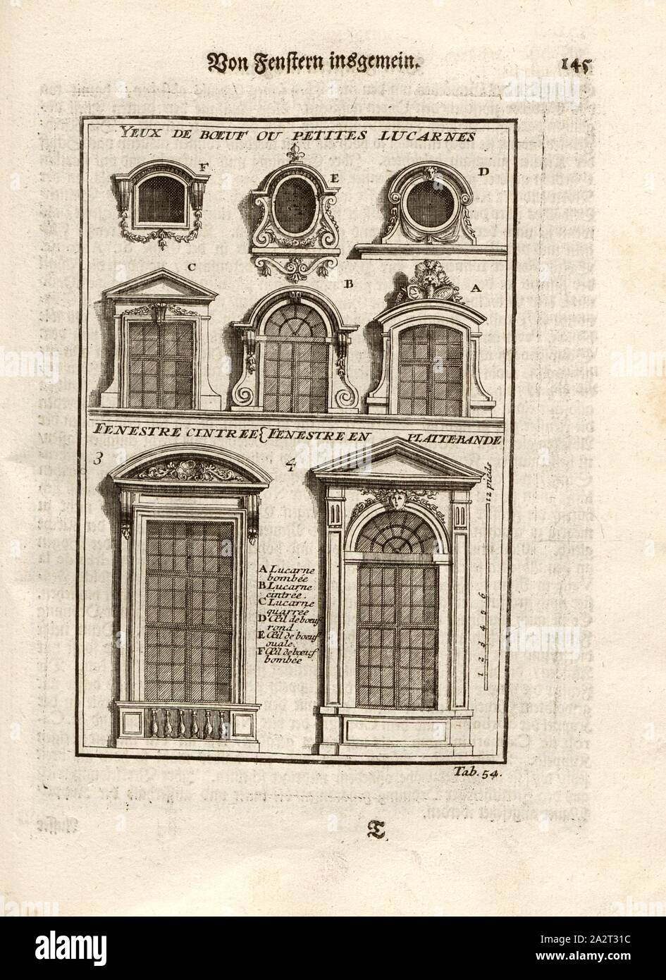 Segretamente da Windows, i diversi tipi di finestre di forma arcuata o di forma quadrangolare, tab. 54, p. 145, Sturm, Leonhard cristiano, 1725, Giacomo Barozzi da Vignola: Ausführliche Anleitung zu der gantzen Civil-Bau-Kunst: worinnen denen nebst Lebens-Beschreibungen, und den fünff Ordnungen von J. Bar. de Vignola wie auch dessen und des berühmten Mich Angelo vornehmsten Gebäuden, alles, era in der Baukunst Bauzeuge dem, der Austheilung und der Verzierung nach, così wohl bey der Bildhauer, Mahler, Steinmetze, Maurer und Zimmerleute, als Dach-Decker, Schlösser, Tischer Gärtner,... Augusta: bey Jeremias Foto Stock