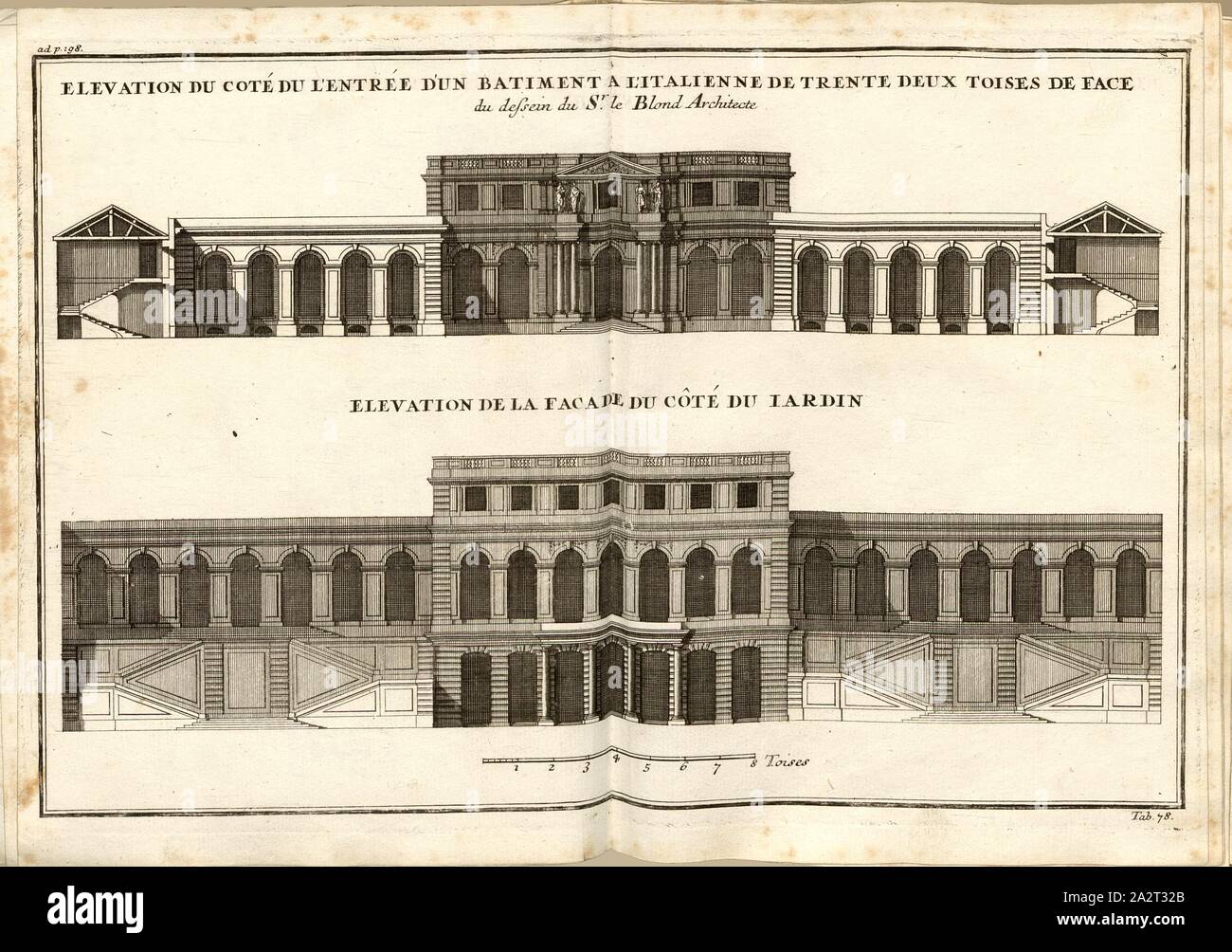 Vista in elevazione di un edificio dalla parte anteriore e dal punto di vista del giardino, vista in elevazione di un edificio dalla parte anteriore e dal punto di vista del giardino dopo l'architetto Le Blond, Tab. 78, dopo p. 198, Sturm, Leonhard cristiano, 1725, Giacomo Barozzi da Vignola: Ausführliche Anleitung zu der gantzen Civil-Bau-Kunst: worinnen denen nebst Lebens-Beschreibungen, und den fünff Ordnungen von J. Bar. de Vignola wie auch dessen und des berühmten Mich Angelo vornehmsten Gebäuden, alles, era in der Baukunst Bauzeuge dem, der Austheilung und der Verzierung nach, così wohl bey der Bildhauer, Mahler Foto Stock