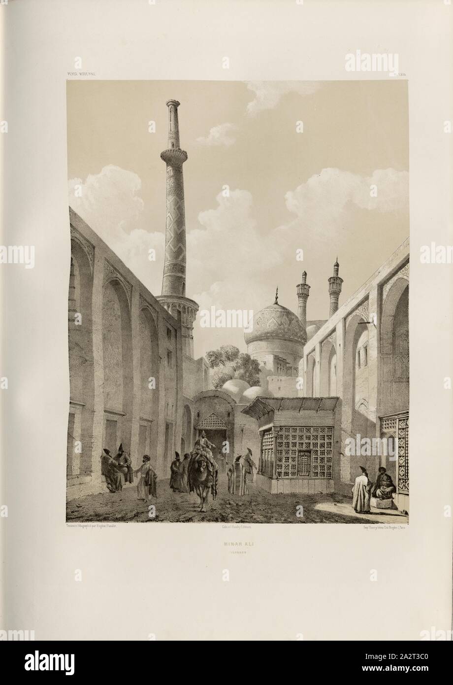 Minar Ali (Ispahan), Ali minareto accanto alla Moschea di Ali in Isfahan (Iran), firmato: Dessiné & Lithographié par Eugène Flandin; Gide et J. Baudry Editeurs; Lith. De Thierry frères, Pl. LXIII, Flandin, Eugène (dess. et lith.); Thierry frères (imp.); Gide et Cie. (ed.), 1851, Eugène Flandin; Pascal Xavier Coste: Voyage en Perse pendant Les années 1840 et 1841. Parigi: Gide et Joule Baudry, MDCCCLI Foto Stock