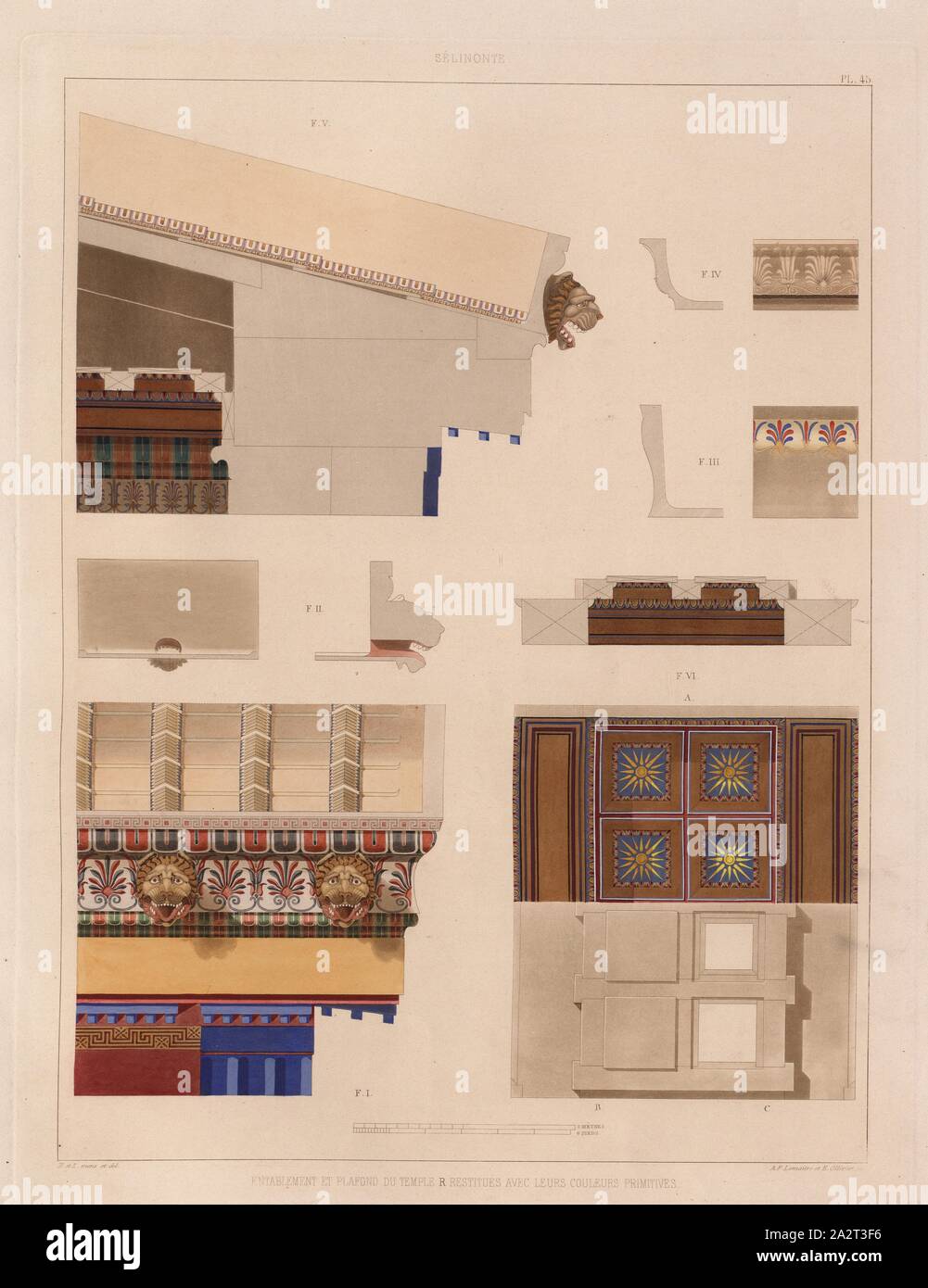 Selinunte, illustrazione delle travi a vista e il soffitto del tempio nella loro colori originali del XIX secolo, firmato: H. et Z. mens., et del, A.F. Lemaitre ha et E. Ollivier sc, pag. 45, p. 101, Hittorff, Jacques Ignace (mens. et canc.); Zanth, Ludwig (mens. et canc.); Lemaitre ha, A. F. (sc.); Ollivier, E. (sc.), 1870, Jacques Ignace Hittorff, Ludwig Zanth: architettura antica de la Sicile: Recueil des monumenti de Ségeste et de Sélinonte mesurés et dessinés [...]. [Tome seconde]. Parigi: imprimerie de E. Donnaud, 1870 Foto Stock