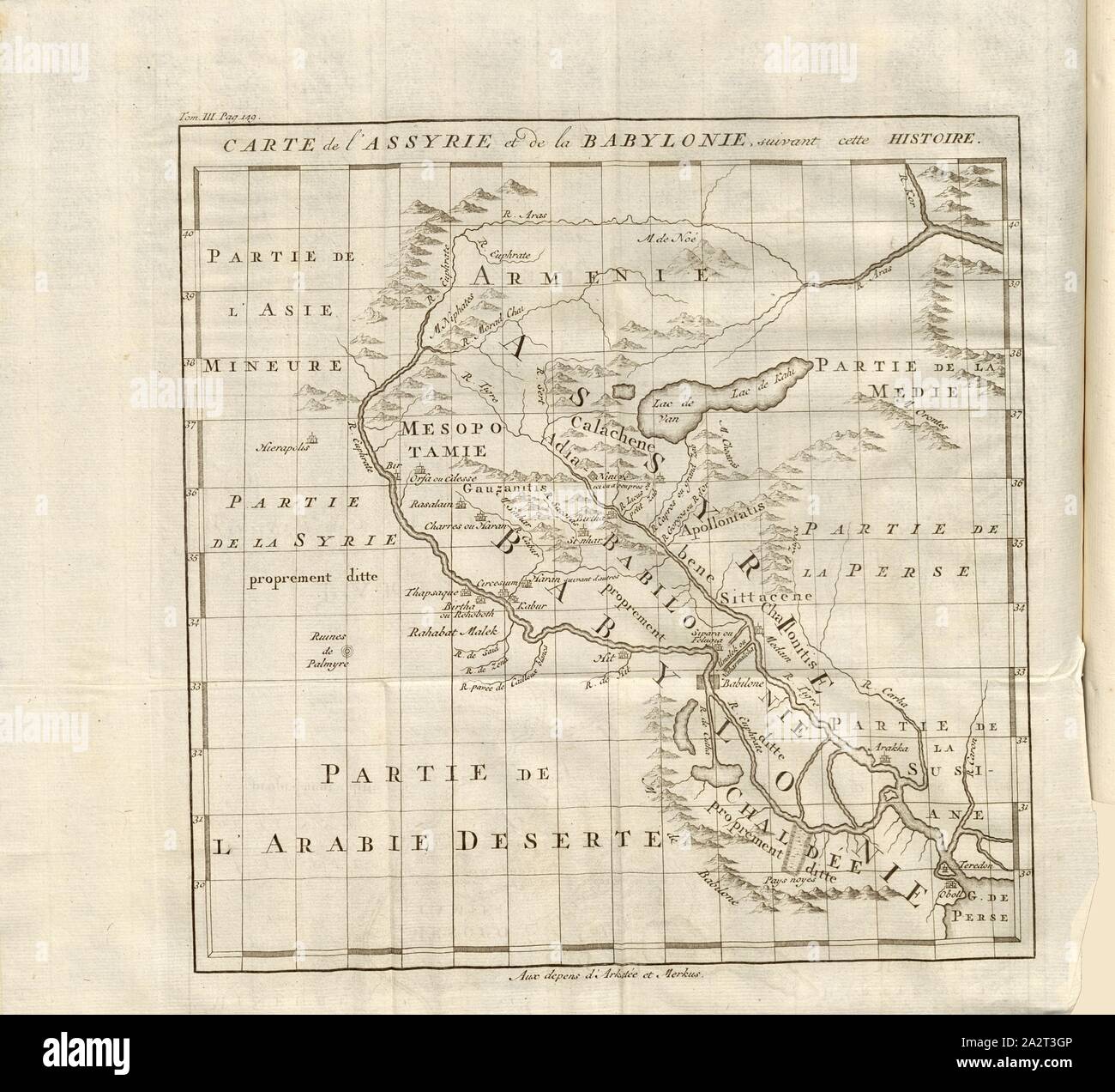 Karte di Assiria e Babilonia, a seguito di questa storia, mappa dell'Impero Assiro, Fig. 4, secondo p. 148, Histoire universelle depuis le inizio du monde jusqu'à présent traduite de l'anglois. Bd. 3. Amsterdam: Arkstée et Merkus, 1771 Foto Stock