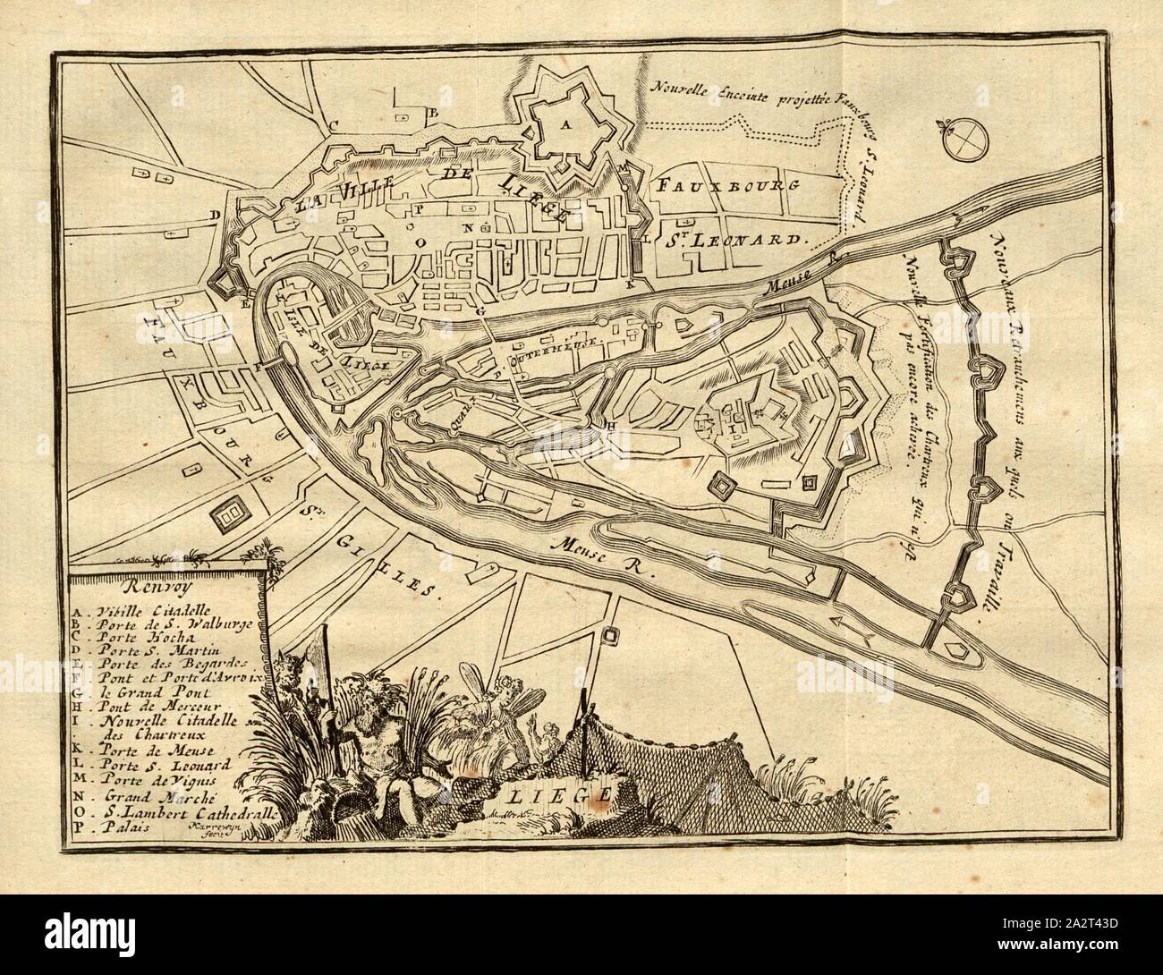 Liegi, Liegi mappa della città, firmato: Harrewyn fecit, S. 122, Harrewijn, Jacobus (fecit 1727, [Jean-Baptiste Christyn]: Les Délices des Pays-Bas ou description géographique et historique des XVII province belgiques. Vol. 4. Liegi: chez J. F. Bassompierre père, MDCCLXIX [1769 Foto Stock