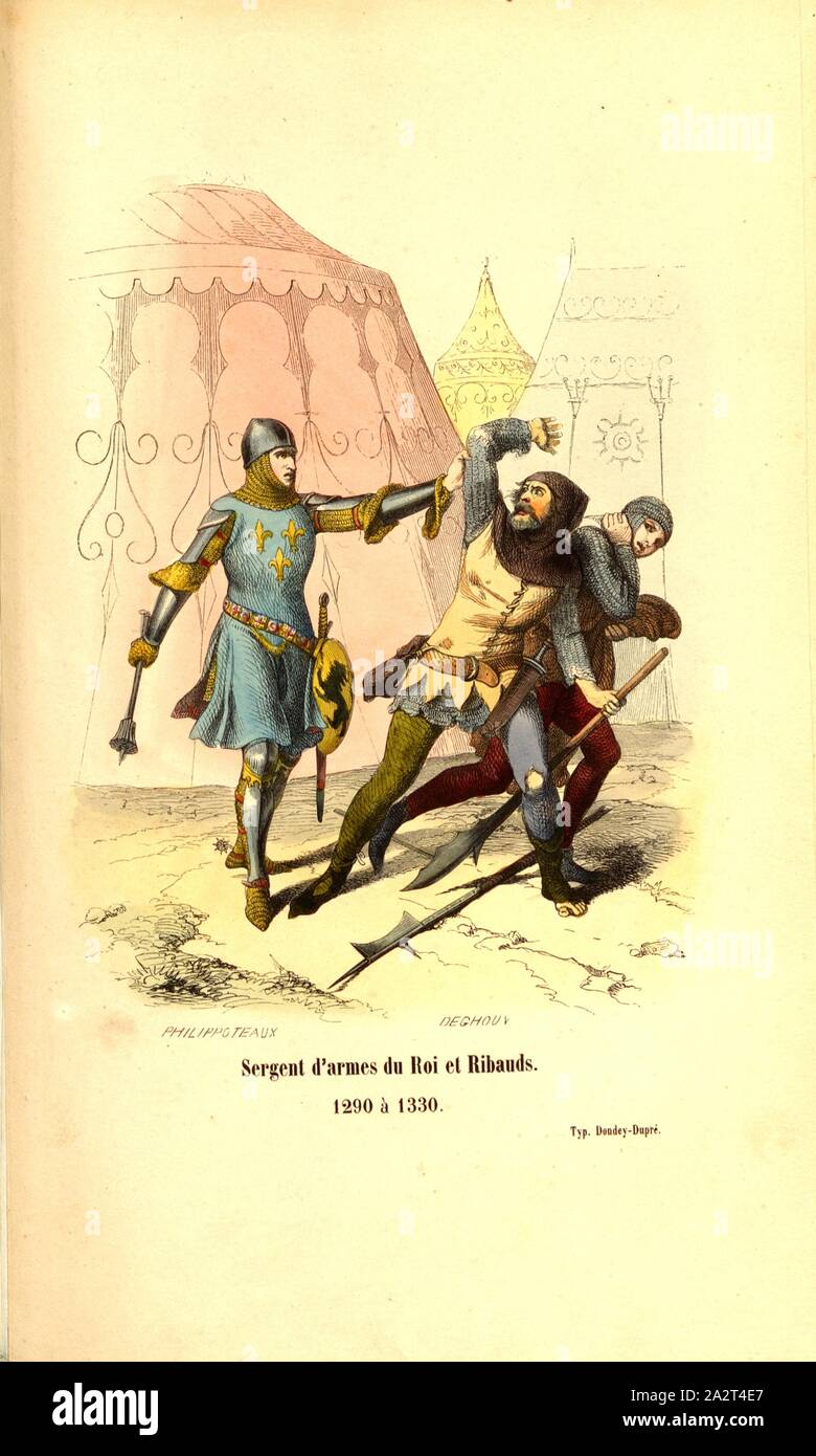 Il sergente-at-Arms del re e Ribauds. 1290 e 1330, sergente-at-Arms, firmato: Philippoteaux; Deghouy, Fig. 5, dopo p. 840, Philippoteaux, Félix (fec.); Deghouy, Léopold (sc.), Adrien Pascal, Camp, Jules du Camp, Germain-Nicolas Brahaut, Sicard, Philippoteaux: Histoire de l'Armée et de tous les régiments depuis les premiers temps de la monarchie française jusqu'à nos jours. Parigi: A. Barbier, 1847-1858 Foto Stock