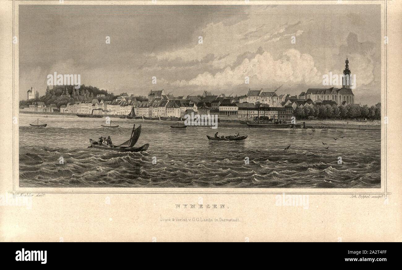 NYMEGEN, visualizzare Nijmegen, firmato: C. Koehler (del); Joh. Poppel (sculp.), dopo p. 90, p. 97, Koehler, Carl Christian (CANC.); Poppel, Johann (sculp.), 1863, Der Rhein und die Rheinlande in malerischen Original-Ansichten: Abtheilung 3, sezione 2 / Holland. Darmstadt: Druck und Verlag von Gustav Lange, 1863 Foto Stock