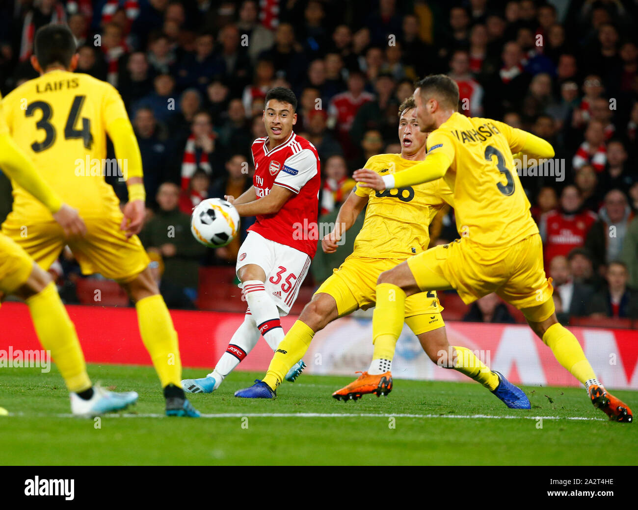 Londra, Regno Unito. 03 ott 2019. Londra, Regno Unito, ottobre 03 Gabriele Martinelli di Arsenal punteggi il suo secondo obiettivo durante Europa League Gruppo F tra l'Arsenal e Standard Liege all'Emirates Stadium di Londra, Inghilterra il 03 ottobre 2019. Credit: Azione Foto Sport/Alamy Live News Foto Stock