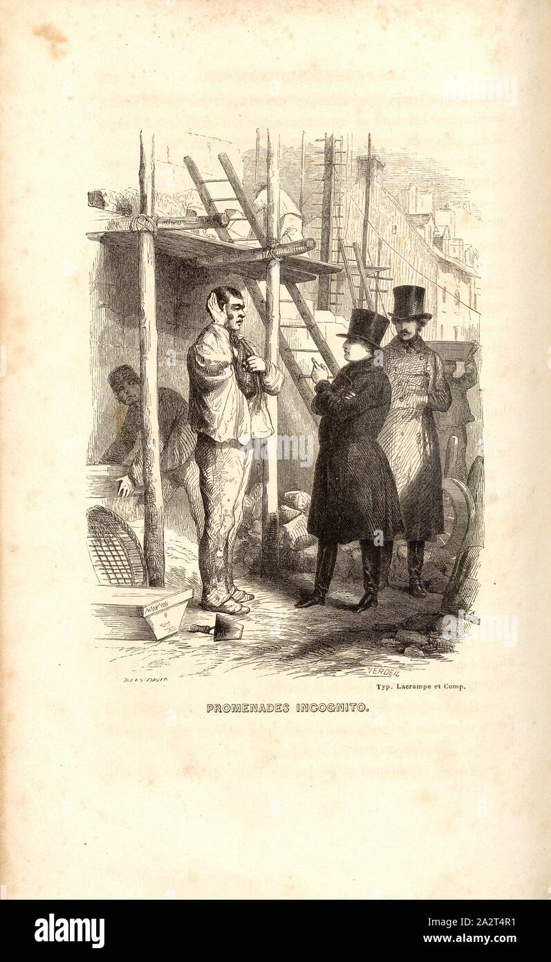 In incognito passeggiate, Napoléon con il muratore Grégoire Boivin, stando in piedi presso un edificio nella grande rue de Charonne, firmato: Jules David; Verdeil, Fig. 20, p. 624, David, Jules; Verdeil, Pierre, Emile Marco de Saint-Hilaire: Souvenirs intimes du temps de l'impero. Bd. 1. Parigi: Jules Fellens, 1851-1855 Foto Stock