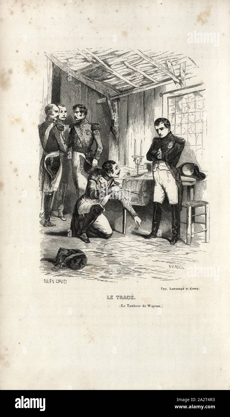 La traccia Drum di Wagram, Napoleone e Tambour Romeuf, firmato: Jules David; Verdeil, Fig. 2, secondo p. 66, David, Jules; Verdeil, Pierre, Emile Marco de Saint-Hilaire: Souvenirs intimes du temps de l'impero. Bd. 2. Parigi: Jules Fellens, 1851-1855 Foto Stock