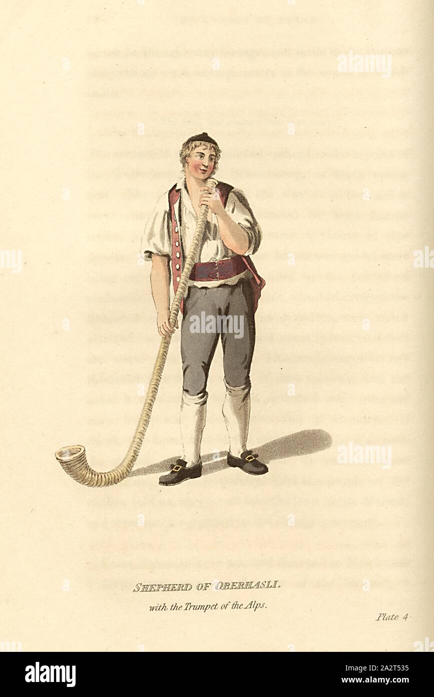 Pastore di Oberhasli con la tromba delle Alpi, Pastore con alphorn da Oberhasli piastra 4, p. 79 (vol. 1 Foto Stock
