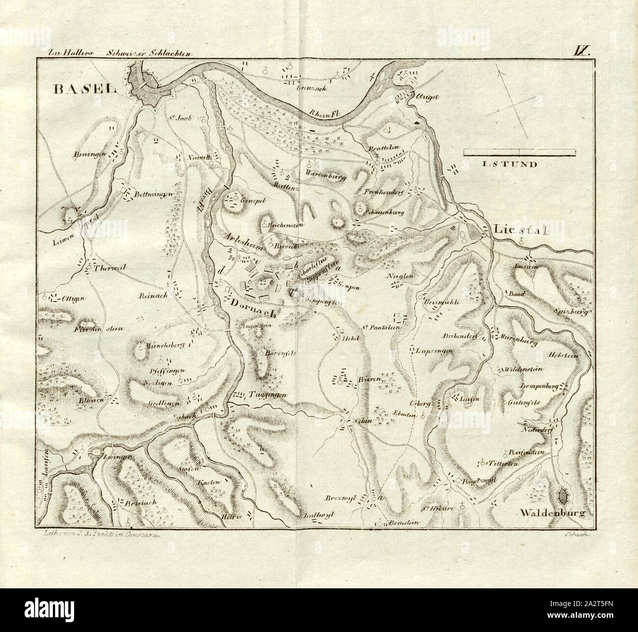 La battaglia di Dornach sul XXII della luna di miele 1499, mappa della battaglia di Dornach sulla luglio 22, 1499, firmato: Lith. Da J. A. Pecht; Scacchi.?, piastra IX, dopo p. 423, Pecht, Johann Andreas (lith.), Franz Ludwig Haller: Darstellung der merkwürdigsten Schweizer-Schlachten vom Jahr 1298 bis 1499: nach den Grundsätzen der Strategie und Taktik beschrieben. Constanz: Verlag von W. Wallis, 1826 Foto Stock