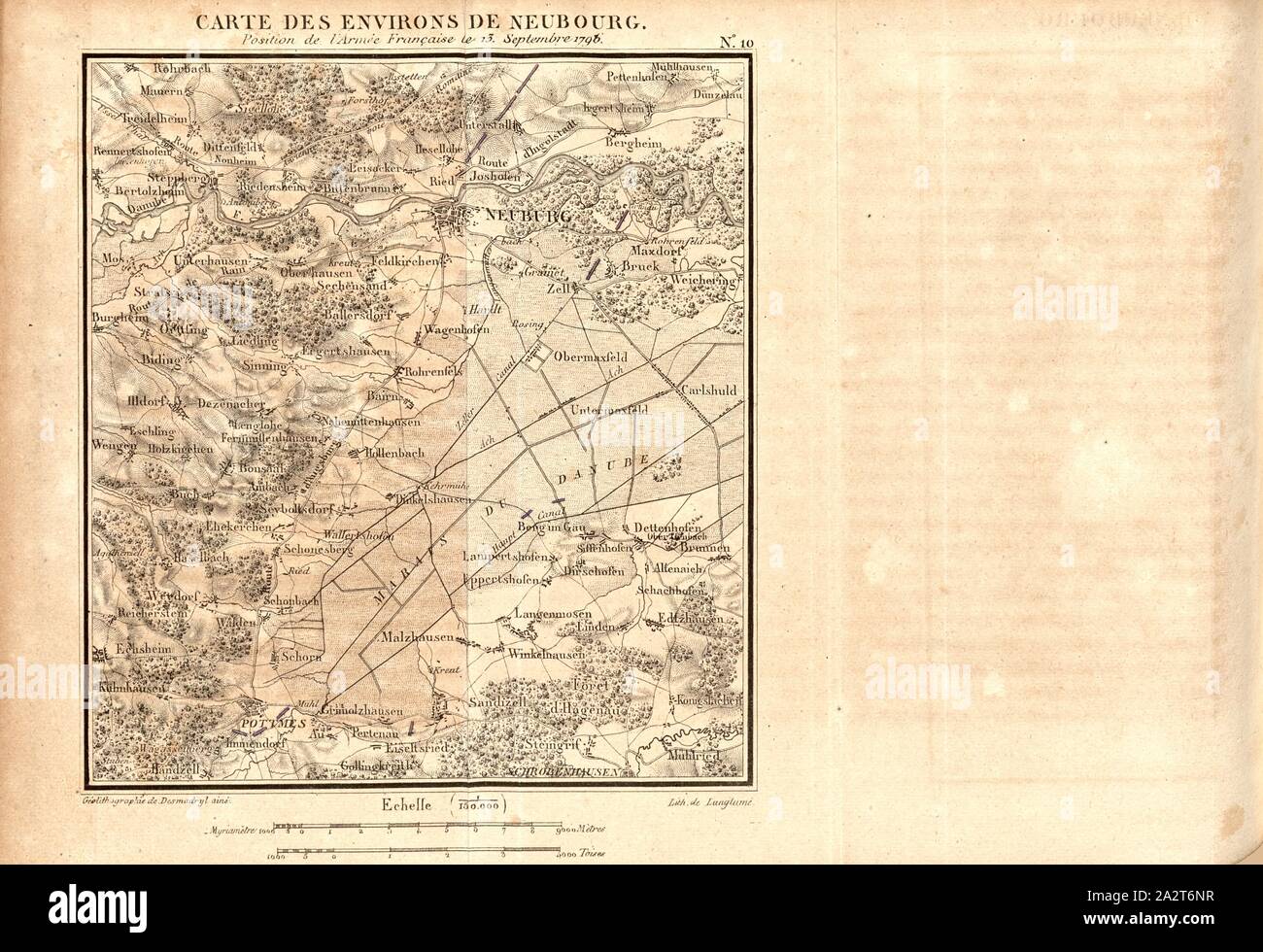 Mappa dei dintorni di Neubourg, Mappa dintorni Neuenburg Baden-Württemberg Germania, N. 10, dopo S. 252, S. 271, Tomo 3, Desmadryl ainé (Géolithographie); Langlumé (lith.), Maréchal [Laurent de] Gouvion-Saint-Cyr: M oires sur les campagnes des armées du Rhin et de Rhin-et-Moselle, de 1792 jusqu'à la paix de Campo-Formio. Tome 3. Parigi. Anselin, libraire pour l'arte militaire, 1828-1829 Foto Stock