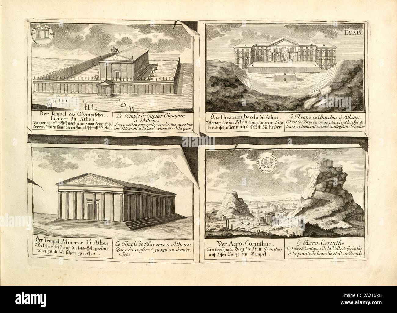 Il Tempio di Olympian Iupiters ad Atene; il Teatro Bacchi ad Atene; il tempio Minervae ad Atene; vi Acro-Corinthus, sopra a sinistra: Illustrazione del tempio di Giove Olimpico di Atene dal XVIII secolo, sopra a destra: Illustrazione del Teatro di Dioniso ad Atene dal XVIII secolo, in basso a sinistra: Illustrazione del Tempio di Minerva ad Atene dal XVIII secolo, il Secolo, in basso a destra: Illustrazione del xviii secolo Acrocorinth, TA., XIX, p. 81, Johann Bernhard Fischer von Erlach: Entwurff einer historischen architettura, in Abbildung unterschiedener berühmten Foto Stock