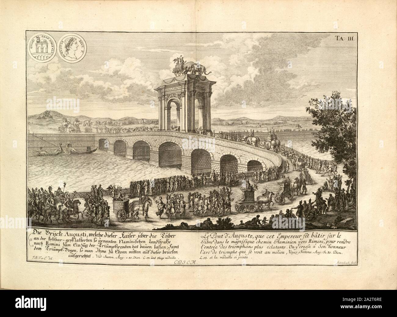 Il ponte Augusti, che questo imperatore sul Tyber ..., illustrazione del Ponte di Augusto a partire dal secolo XVIII, firmato: J. B. F. v. Chr., E. del, Delsenbach., fecit, TA., III, p. 97, Fischer von Erlach, Johann Bernhard (CANC.); Delsenbach Johann Adam (fec.), Johann Bernhard Fischer von Erlach: Entwurff einer historischen architettura, in Abbildung unterschiedener berühmten Gebäude, des Alterthums, und fremder Völcker, umb aus den Geschichtbüchern, Gedächtnüsz-Müntzen, Ruinen, und eingeholten wahrhafften Abriszen, vor Augen zu stellen [...]. Andres Buch. Wien, 1721 Foto Stock