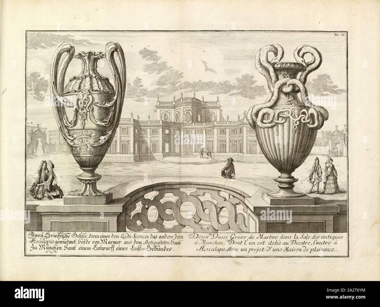 Due bicchieri di Greco, uno dei quali è il Ludis Scenicis, gli altri la Aesculapio ..., illustrazione di due navi greche e la progettazione di un edificio di piacere in background dal XVIII secolo, no. 10, p. 232, Johann Bernhard Fischer von Erlach: Entwurff einer historischen architettura, in Abbildung unterschiedener berühmten Gebäude, des Alterthums, und fremder Völcker, umb aus den Geschichtbüchern, Gedächtnüsz-Müntzen, Ruinen, und eingeholten wahrhafften Abriszen, vor Augen zu stellen [...]. I subacquei vasi antichi. Wien, 1721 Foto Stock