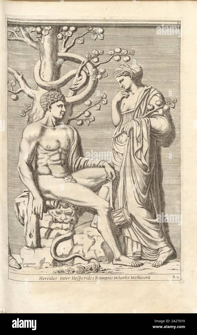 I Romani, nei giardini delle Esperidi, Hercules tra quelle Medicee, Heracles nel Giardino delle Esperidi, albero con mela golden custodito da un serpente, testa del leone nemeo, Fig. 1, B2, dopo p. 10, 1646 Giovanni Battista Ferrari: Esperidi sive de malorum aureorum cultura et usu libri quatuor. Romae : sumptibus Hermanni Scheus, 1646 Foto Stock