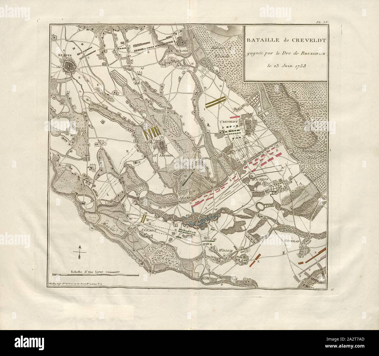 Battaglia di Creveldt, piano per la battaglia di Krefeld 1758, firmato: Wexelberg sculps, Pl. XV, Wexelberg, C. F. (sc.), Antoine Henri de Jomini: Traité des grandes operations militaires. Atlas. [S.l.]: [s.n.], [18 Foto Stock