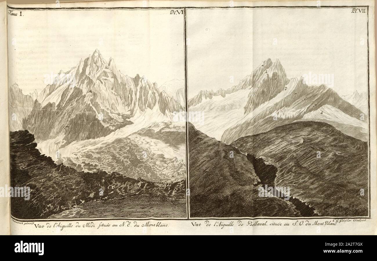 Vista dell'Aiguille du Midi e Bellaval, vista sul Mont Blanc dal nord-ovest e nord-est, firmato: Bourrit, C. G. Geissler, incisione su rame, Pl. VI u., VII, dopo p. 504 (vol. 1), Bourrit, Marc-Théodore (pinxit); Geissler, Christian Gottlieb (sculpsit), 1779, nato a Ginevra, Horace-Bénédict de Saussure, Voyages dans les Alpes, précédés d'onu Essai sur l'histoire Naturelle des dintorni de Genève. Neuchâtel: Samuel Fauche, 1779-1796 Foto Stock