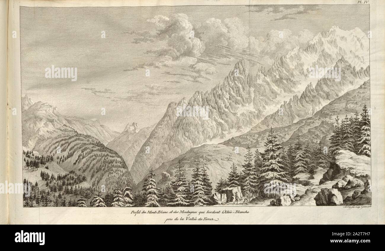 Sul Monte Bianco e sulle montagne che la linea di Allee Blanche preso dal Ferrez Valley, vista del Massiccio del Monte Bianco, firmato: R. Töpffer, incisione su rame, pl. IV, dopo p. 302 (vol. 2), Töpffer, Adam (sculp.), 1779, nato a Ginevra, Horace-Bénédict de Saussure, Voyages dans les Alpes, précédés d'onu Essai sur l'histoire Naturelle des dintorni de Genève. Neuchâtel: Samuel Fauche, 1779-1796 Foto Stock