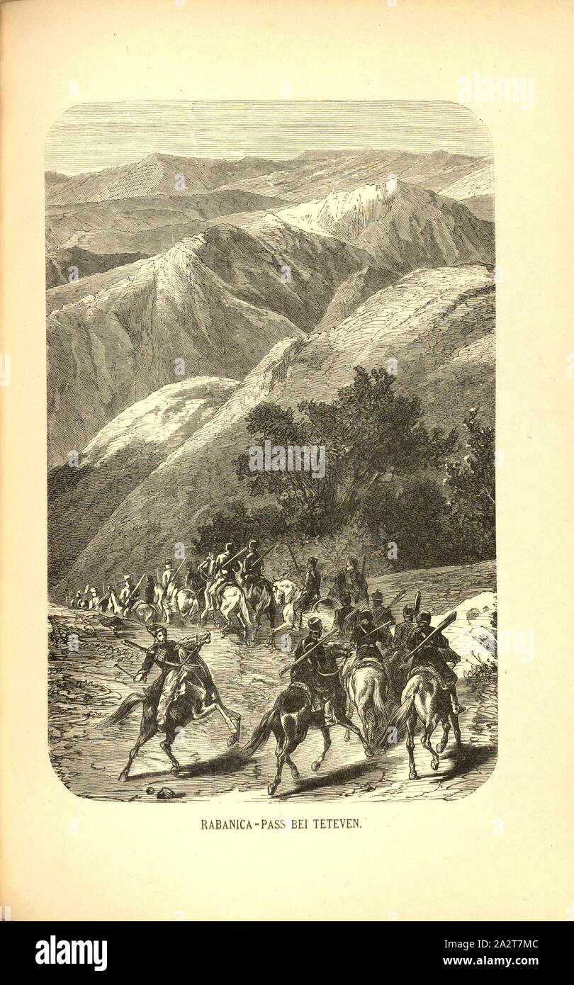 Rabanica-Pass bei Teteven, le truppe montate sulla strada del passo nei pressi della città di Tetewen (Bulgaria), Fig. 65, p. 144, 1879, F. Kanitz: Donau-Bulgarien und der Balcani: historisch-geographisch-ethnographische Reisestudien aus den Jahren 1860-1879. Lipsia: Verlagsbuchhandlung von Hermann Fries, 1879-1880 Foto Stock