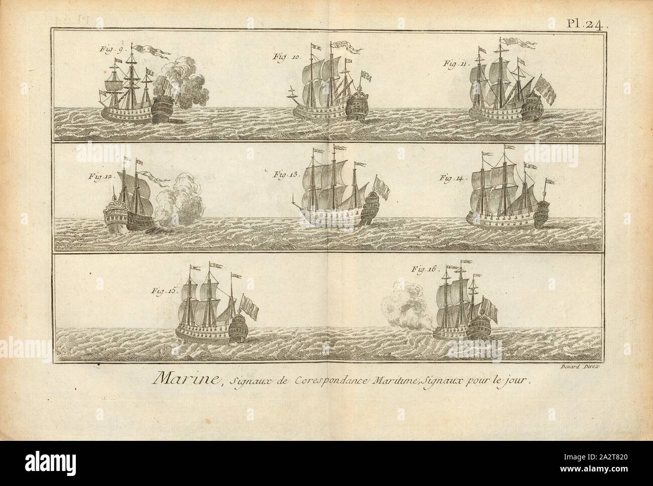 Marine, segnali marittimi, i segnali per il giorno, i segnali nella spedizione, firmato: Direx Benard, Pl. 24, dopo p. 14, Benard (dir.), 1778, Denis Diderot; M. D'Alembert: Encyclopédie ou dictionnaire raisonné des sciences des Arts et des métierss, des Arts et des métiers. Genève: chez Pellet, MDCCLXXVIII [1778 Foto Stock