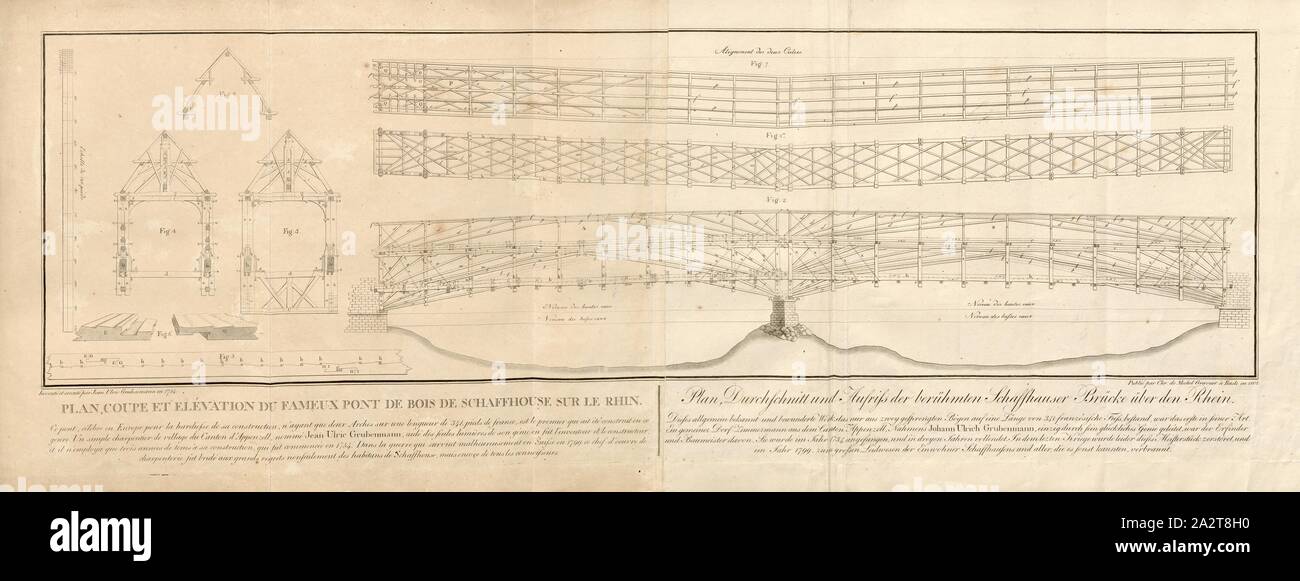Pianta e sezione di elevazione del famoso ponte in legno di Sciaffusa sul Reno, Grubenmann ponte di Schaffhausen, firmato: Inventi et executé par Jean Ulric Grubenmann en 1754; publié par Chr. de Mechel incisore à Basilea en 1802, Fig. 1, secondo p. VIII, Grubenmann, Jean Ulric (inventi et executé); Mechel, Christian von (publié), Christian von Mechel: Piani, coupes et élévations des Trois Ponts de bois les plus remarquables de la Suisse, savoir: celui de Sciaffusa, sur le Rhin, celui de Wettingen sur la Limmat, et celui de Mellingen sur la Reuss; accompagnés chacun d'une Foto Stock