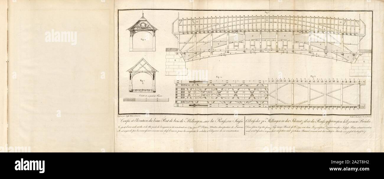 Cup e la elevazione della bella Mellingen ponte di legno, Reuss, Svizzera, vecchio ponte di Reuss nel Mellingen, firmato: Dessiné par Giuseppe Ritter à Lucerna; Publié à Basilea par Chr. De Mechel, Fig. 3, secondo p. VIII, Ritter, Giuseppe (dessiné); Mechel, Christian von (publié), Christian von Mechel: Piani, coupes et élévations des Trois Ponts de bois les plus remarquables de la Suisse, savoir: celui de Sciaffusa, sur le Rhin, celui de Wettingen sur la Limmat, et celui de Mellingen sur la Reuss; accompagnés chacun d'une descrizione détaillée: ouvrage qui peut être considéré Comme une Foto Stock