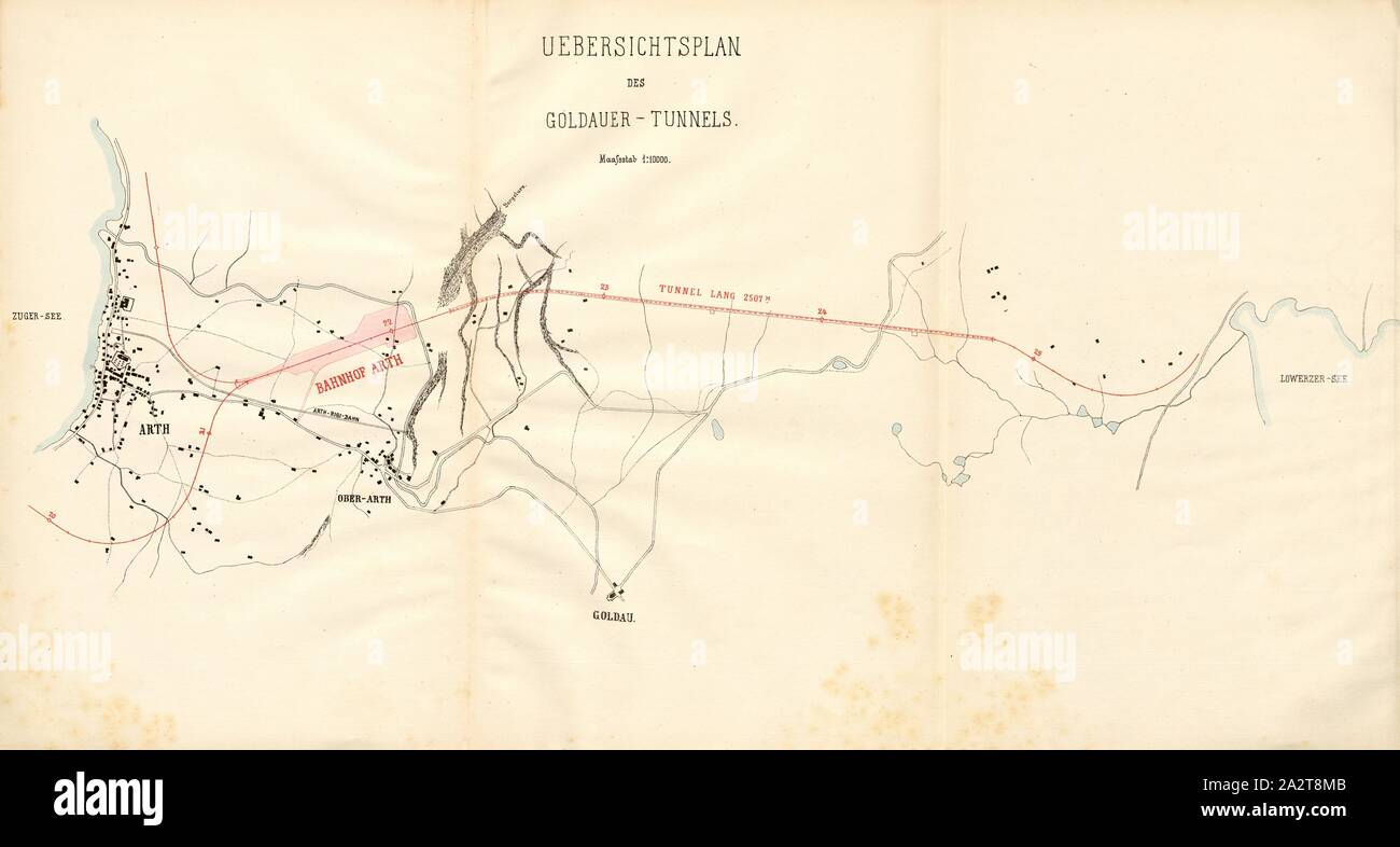 Panoramica del piano il Tunnel Goldauer, mappa della linea ferroviaria del San Gottardo tra Arth e Lauerzersee, TAF. 1, secondo p. 4, 1875, Wilhelm Hellwag: Bericht des Oberingenieurs der Gotthardbahn über die Notwendigkeit der sofortigen Inangriffnahme derjenigen gallerie, welche eine besonders lange Bauzeit erheischen. Zurigo: [s.n.], 1875 Foto Stock