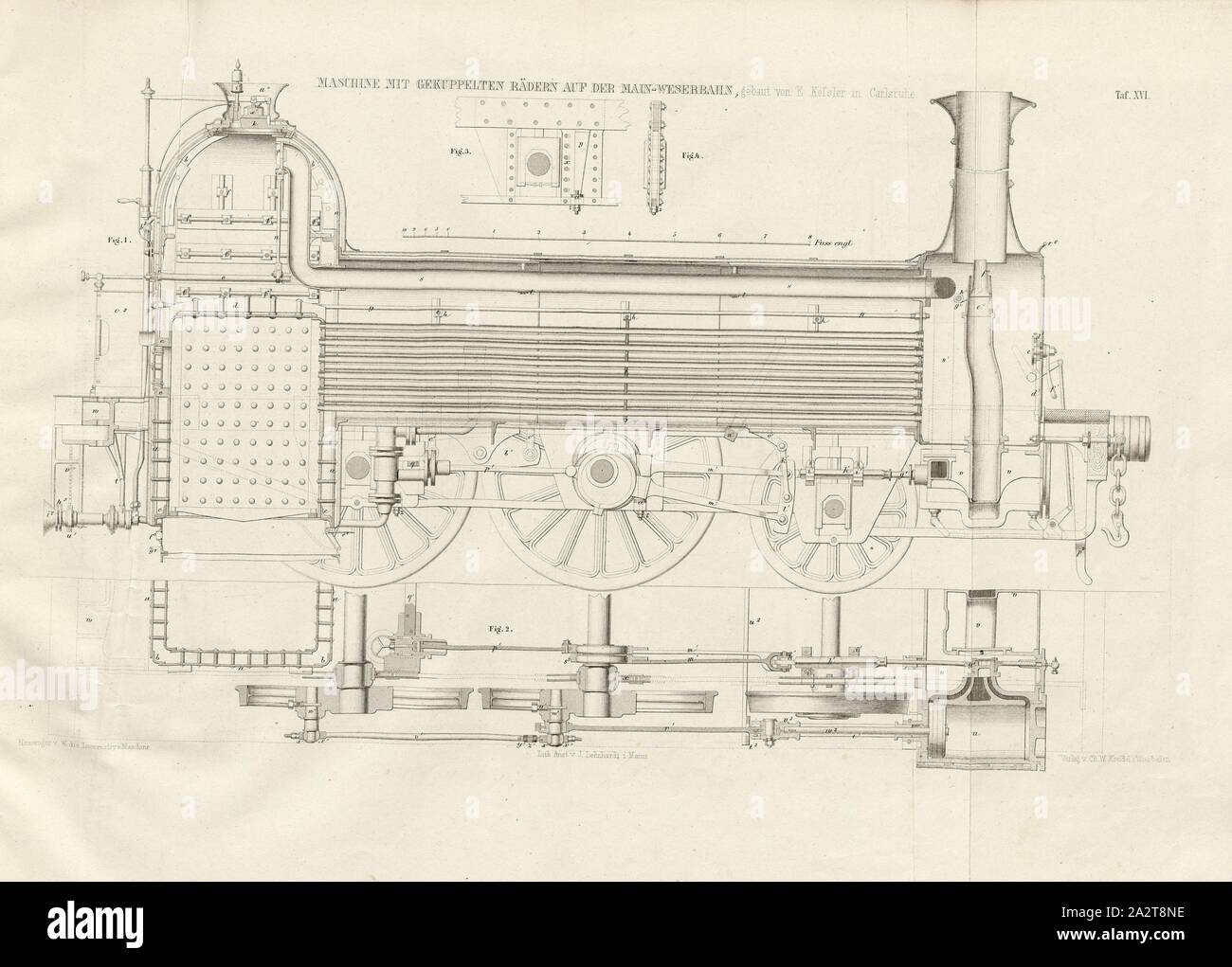 Macchina con ruote accoppiate sul Main-Weserbahn, costruito da E. Kessler in Carlsruhe 2, locomotore con ruote accoppiate secondo il metodo di costruzione di E. Kessler in Karlsruhe, firmato: Heusinger v., W, Lith., v, J. Lehnhardt; Publisher v., Ch. W. Kreidel, TAF. XVI, dopo p. 175, Heusinger von Waldegg, Edmund; Lith. Anstalt von J. Lehnhardt (lith.); Christian Wilhelm Kreidel Verlag (ed.), Edmund Heusinger von Waldegg; Wilhelm Claus: Abbildung und Beschreibung der Locomotive-Maschine: nach den besten und neuesten Constructionen: unter Benutzung der englischen Werke von Tredgold, Kinnear Foto Stock