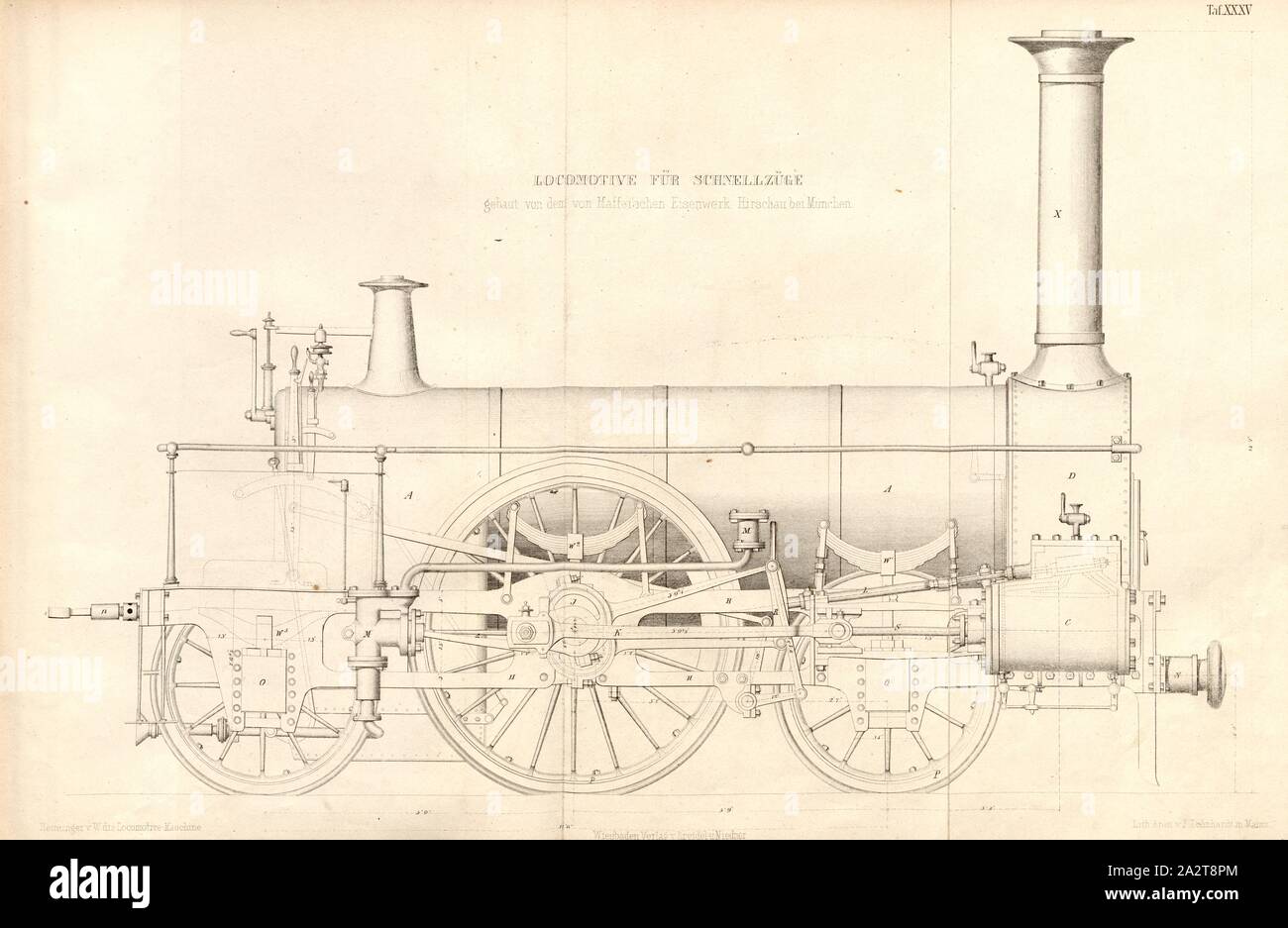 Locomotiva per treni rapidi costruito da Maffei Hirschau della ferriera nei pressi di Monaco di Baviera, totale pagina Vista del locomotore, il comando e controllo di organi, pompe etc, firmato: Heusinger v., W, Lith., v, J. Lehnhardt; Publisher v., Ch. W. Kreidel, piastra XXXV, dopo p. 175, Heusinger von Waldegg, Edmund; Lith. Anstalt von J. Lehnhardt (lith.); Christian Wilhelm Kreidel Verlag (ed.), Edmund Heusinger von Waldegg; Wilhelm Claus: Abbildung und Beschreibung der Locomotive-Maschine: nach den besten und neuesten Constructionen: unter Benutzung der englischen Werke von Tredgold, Kinnear Clark, und der Foto Stock