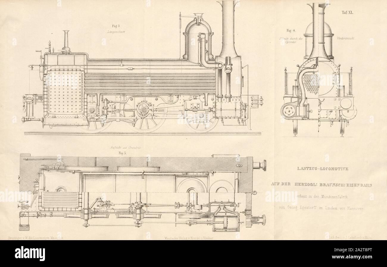 Carrello locomotore sul Herzogl. Braunsch. Ferrovia costruiti nella fabbrica di ingegneria di Georg Egestorff in Linden prima di Hannover, Fig. 3: la sezione longitudinale di Fig. 4: la vista frontale e la sezione attraverso il cilindro, Fig. 5: piano piano e la sezione attraverso il centro degli assi del cilindro etc, firmato: Heusinger v., W, Lith., v, J. Lehnhardt; Publisher v., Ch. W. Kreidel, piastra XL, p. 175, Heusinger von Waldegg, Edmund; Lith. Anstalt von J. Lehnhardt (lith.); Christian Wilhelm Kreidel Verlag (ed.), Edmund Heusinger von Waldegg; Wilhelm Claus: Abbildung und Beschreibung der locomotore- Foto Stock