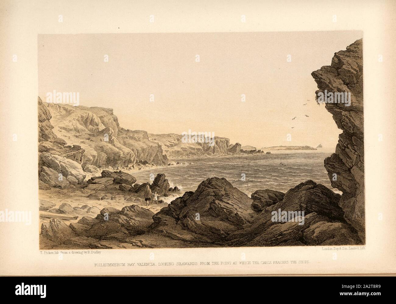 Foilhummerum Bay, Valentia, guardando al largo dal punto in cui il cavo raggiunge la riva, Foilhummerum Bay, Valentia Island (Irlanda), la posizione del cavo transatlantico 1865, firmato: T. Picken, lith., a partire da un disegno da R. Dudley; Londra, giorno & Figlio, limitato Lith, Fig. 11, dopo p. 44, Dudley, Robert (ill.); Picken, Thomas (lith.); Giorno & Co (lith.), 1866, William Howard Russell; Robert Dudley: la Atlantic Telegraph. Dedicato da un permesso speciale per la Sua Altezza Reale Edward Albert Prince of Wales. Londra: giorno e figlio Limited [1866 Foto Stock