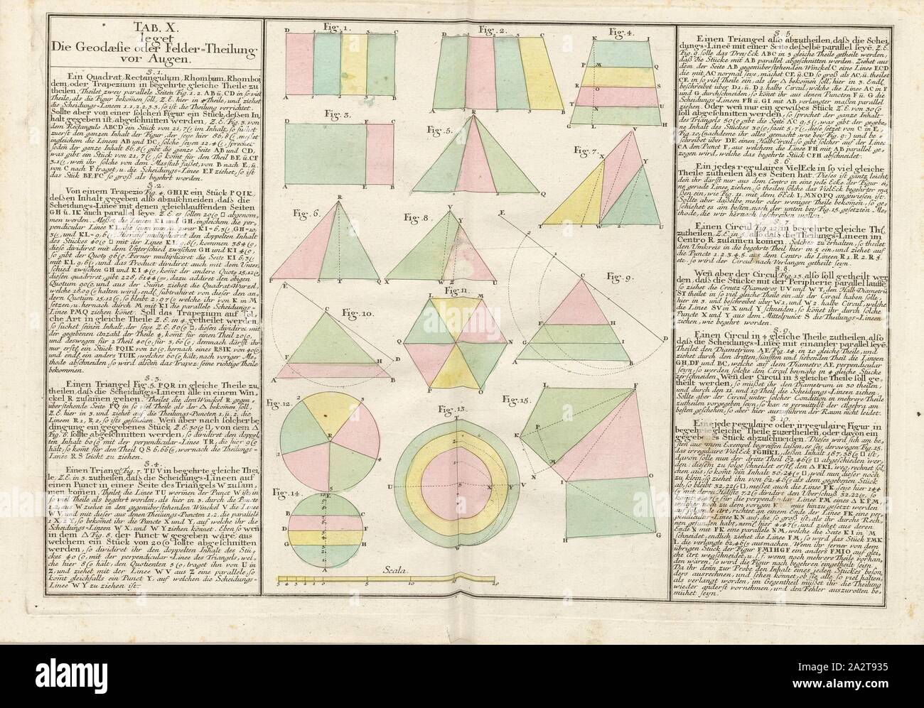 Geodaesia o campo Division, Divisione di superfici geometriche, Tab. X, p. 17, Tobias Mayer: Mathematischer Atlas, in welchem auf 60 Tabellen alle Theile der vorgestellet matematico und nicht allein überhaupt zu bequemer Wiederholung, sondern auch den Anfängern besonders zur Aufmunterung durch deutliche Beschreibung und Figuren entworfen werden. Augspurg: Pfeffel, 1745 Foto Stock