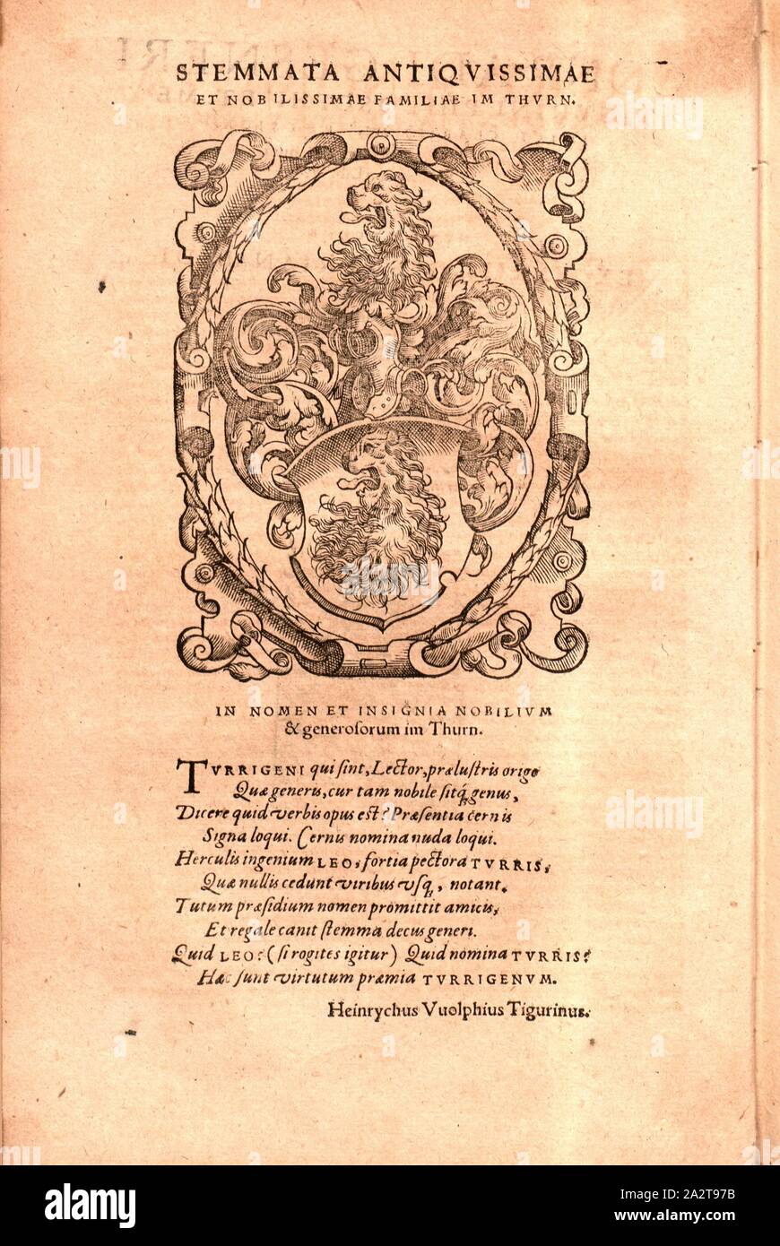 Stemma della famiglia Im Thurn, stemma della nobile famiglia Im Thurn, S. 6, 1586, Konrad Gessner, Caspar Wolf: Conradi Gesneri Tigurini philosophi et medici clarissimi, physicarum meditationum, annotationum & scholiorum lib. V / nunc recens ex variis Gesnerianae diligentiae schedis relictis et libris, studiose collezione di oltre, methodice dispositi et conscripti per Casparum Wolphium. Tiguri: in officina Froschouiana. 1586 Foto Stock