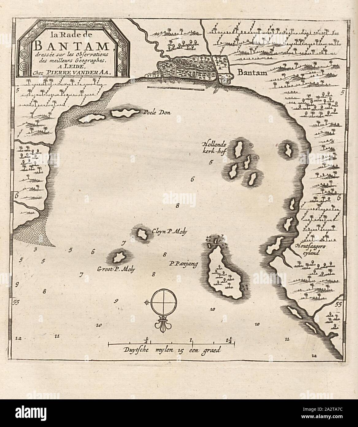 La strada Bantam, Mappa di ancoraggio Bantam dal XVIII secolo, firmato: dressée sur les osservazioni des meilleur Geographes., un LEIDE, Chez PIERRE VAN DER AA, Fig. 18, dopo p. 360, Aa, Pierre van der (chez), 1727, Adam Olearius: Voyages très-curieux et très-renommez faits en Moscovie, Tartarie et Perse: dans lequels on trouve une descrizione curieuse & la situazione exacte des pays & etats, par où il a passé [...]. Bd.1. Un Amsterdam: chez Michel Charles Le Céne, 1727 Foto Stock