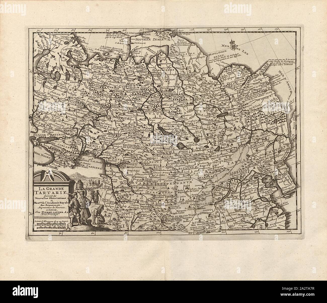Il grande tartari, Mappa del grande tartari dal XVIII secolo, firmato: suivant les Nouvelles Osservazioni de i sigg. Dell'Academie Royale des Sciences, ecc. Augmentées de Nouveau., un LEIDE, Chez PIERRE VAN DER AA, Avec Privilege, Fig. 26, dopo p. 400, Aa, Pierre vander (chez), 1727, Adam Olearius: Voyages très-curieux et très-renommez faits en Moscovie, Tartarie et Perse: dans lequels on trouve une descrizione curieuse & la situazione exacte des pays & etats, par où il a passé [...]. Bd.1. Un Amsterdam: chez Michel Charles Le Céne, 1727 Foto Stock