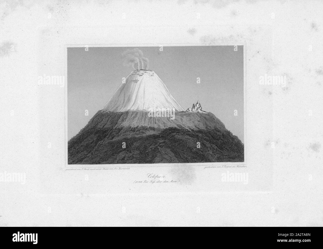 Cotopaxi, illustrazione del vulcano Cotopaxi in Ecuador dal xix secolo, firmato: disegnato da J. Stock dopo un bozzetto di A. V., Humboldt, incisi da J. Poppel a Monaco di Baviera, TAF. 6, p. 21, Humboldt, Alexander von (inv.); Stock, J. (gez.); Poppel, J. (gest.), 1853, Alexander von Humboldt: Umrisse von Vulkanen aus den Cordilleren von Quito und Messico: ein Beitrag zur Physiognomik der Natur. Stuttgart und Tübingen: J. C. Cotta'scher Verlag, 1853 Foto Stock