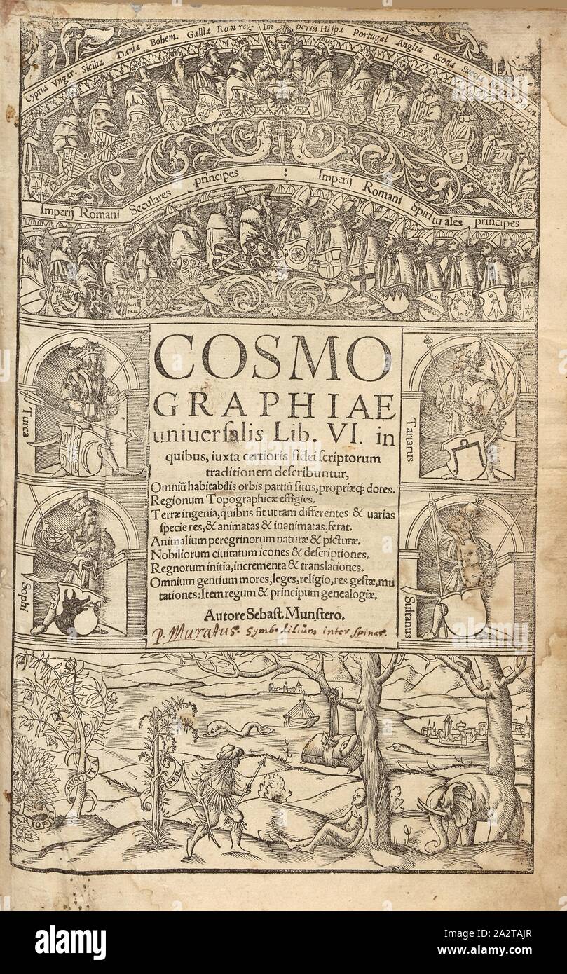 Pagina del titolo di Sebastian Münsters "Universalis cosmographiae ...", Titolo pagina di Sebastian Münsters "Universalis cosmographiae ...", Fig. 1, prima di p. 1, 1552, Sebastian Münster: Cosmographiae universalis Lib. VI. in quibus, iuxta certioris fidei scriptorum traditionem describuntur, Omniu[m] habitabilis orbis partiu[m] situs [...] omnium gentium mores, leges, religio, Res gestae, mutationes [...]. [Basilea]: [Petri], [1552 Foto Stock