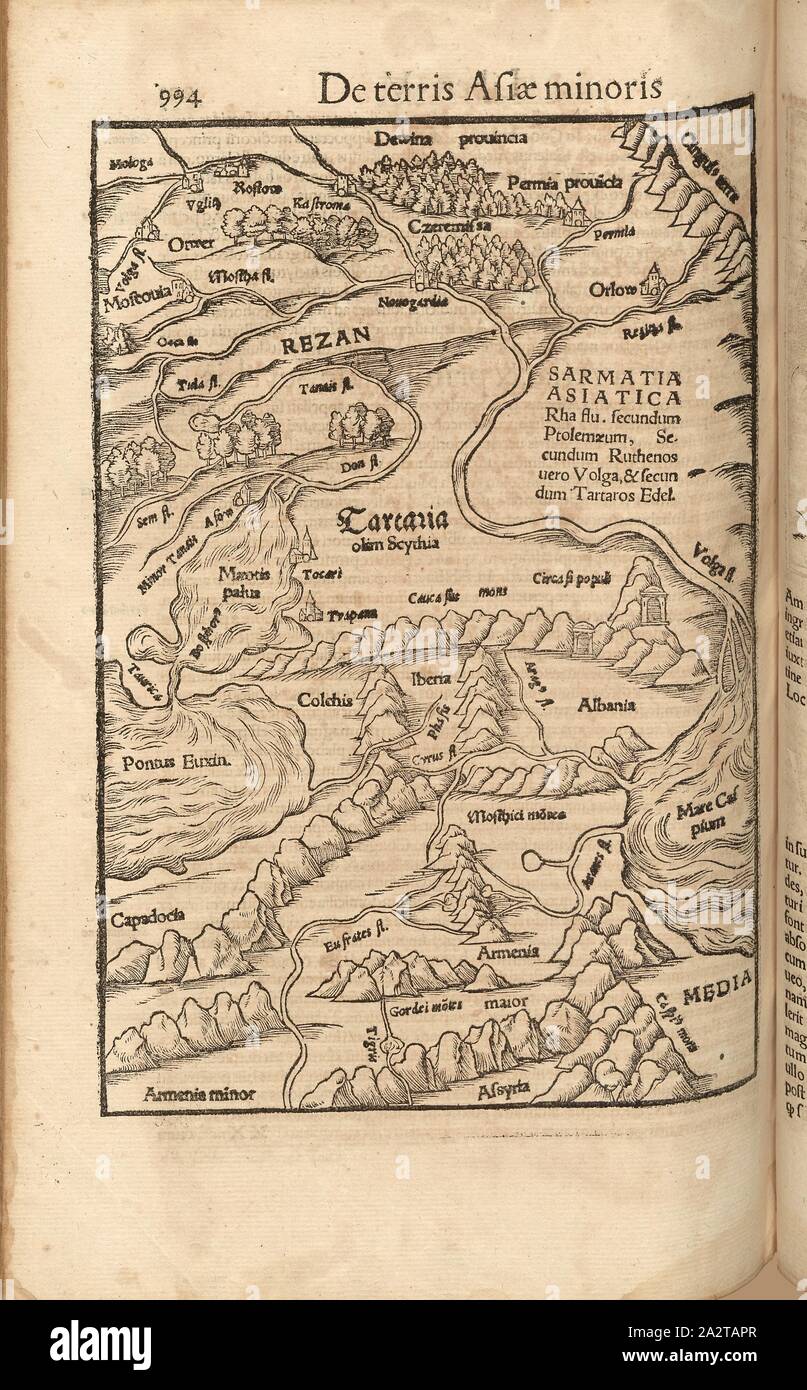 Tartary, mappa della zona intorno le montagne del Caucaso a partire dal secolo XVI, Fig. 66, p. 994, 1552, Sebastian Münster: Cosmographiae universalis Lib. VI. in quibus, iuxta certioris fidei scriptorum traditionem describuntur, Omniu[m] habitabilis orbis partiu[m] situs [...] omnium gentium mores, leges, religio, Res gestae, mutationes [...]. Liber quintus. [Basilea]: [Petri], [1552 Foto Stock