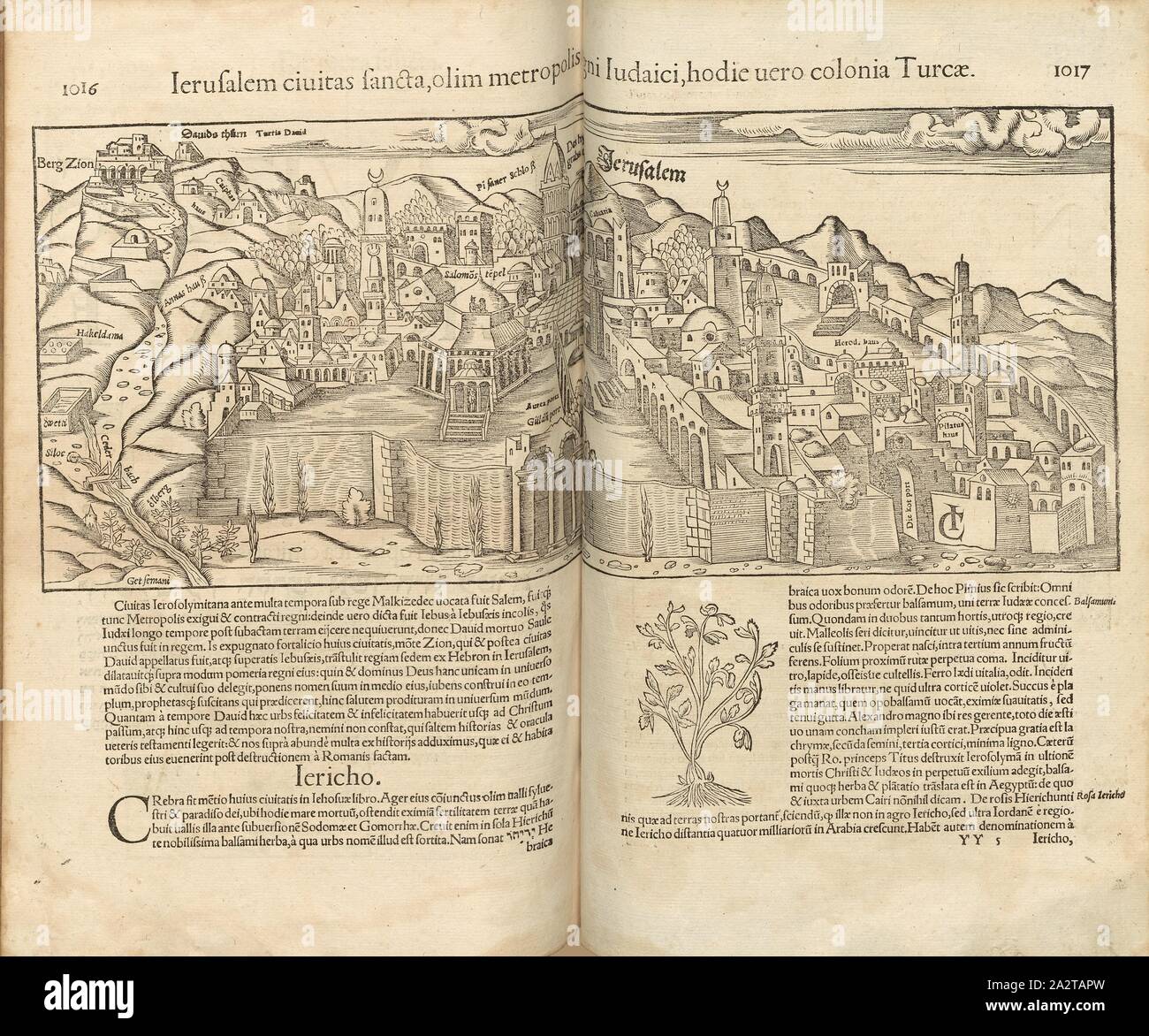 Gerusalemme, città fancta, un ex metropoli del popolo ebraico può oggi WSpace, illustrazione di Gerusalemme a partire dal secolo XVI, firmato: CI, Fig. 68, pagg. 1016-1017, 1552, Sebastian Münster: Cosmographiae universalis Lib. VI. in quibus, iuxta certioris fidei scriptorum traditionem describuntur, Omniu[m] habitabilis orbis partiu[m] situs [...] omnium gentium mores, leges, religio, Res gestae, mutationes [...]. Liber quintus. [Basilea]: [Petri], [1552 Foto Stock