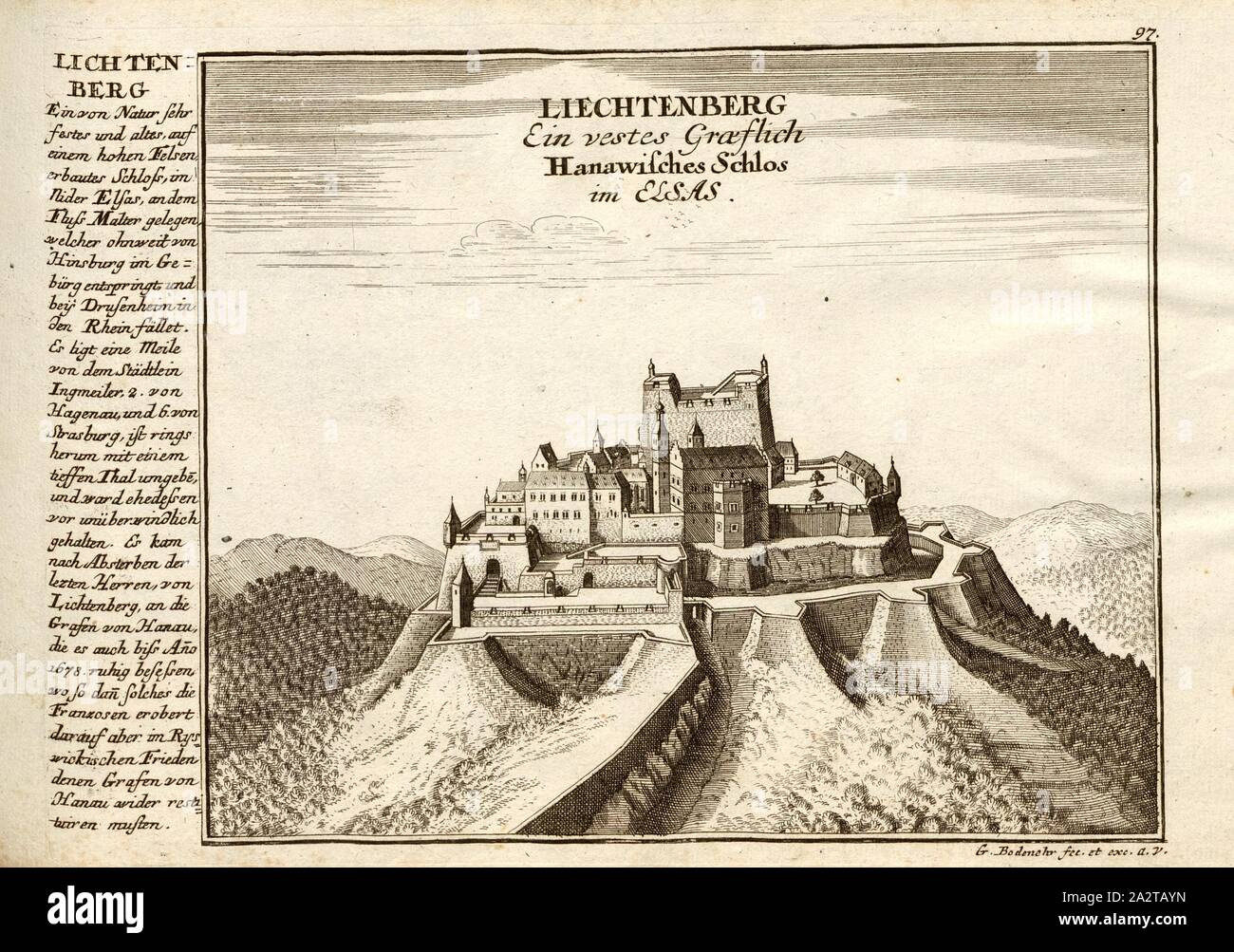Lichtenberg, castello di Lichtenberg, firmato: G. Bodenehr fec., et exc.,., v, la piastra 97, dopo p. 51, Bodenehr, Gabriel d. Ä (fec. et ecc.), 1710, Gabriel Bodenehr: Europens Pracht und Macht in 200 Kupfer-Stücken: worinnen nicht nur allein die berühmtest und ansehnlichste, sondern auch andere Stätte, Festungen, Schlösser, Klöster, Pässe, Residentien, Palläste, Wasserfälle dises volckreichen Welttheils vermittelst anmuthiger und eigentlicher Prospecte, sambt kurzer geographischer Beschreibung zu sonderm Nuzen u. Gemüth vergnügender Ergözung vorgestellet werden. Augspurg: [Selbstverlag], [ca. 1710 Foto Stock