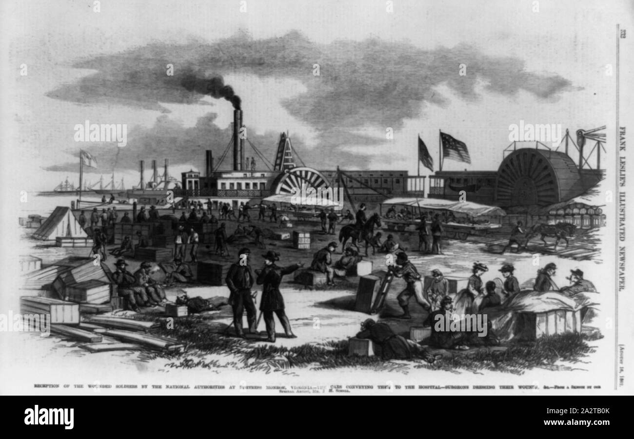 La ricezione dei soldati feriti dalle autorità nazionali a Fortezza Monroe, Virginia - le vetture il loro trasporto in ospedale - i chirurghi medicazione le loro ferite Foto Stock