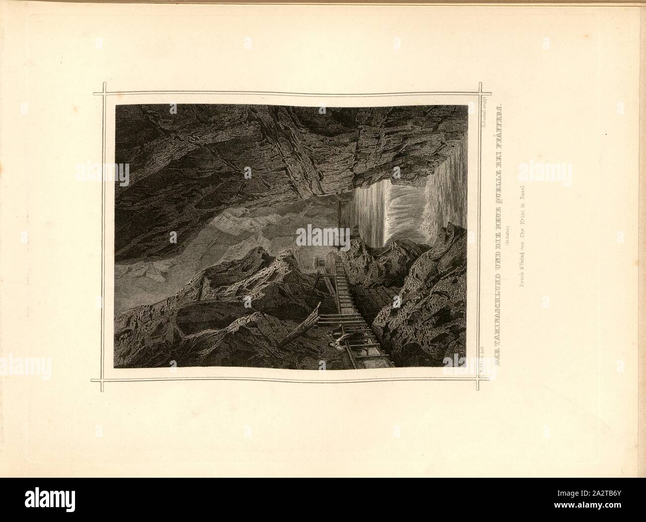 Il Taminaschlund e la nuova molla a Pfäfers, Tamina Gorge, firmato: L. Rohbock (CANC.), K. Gunkel (sculp.), TAF. 46, p. 97, Rohbock, Ludwig (CANC.); Gunkel, Carl (sculp.), 1870, Ludwig Rohbock: Album der Nord- und Ostschweiz: 100 Stahlstiche aus den Cantonen Basilea, Solothurn, Argovia, Zurigo, Sciaffusa, Turgovia, San Gallo, Appenzello, Glarona und Grigioni. Basilea: Verlag von Chr. Krüsi, [ca. 1870 Foto Stock