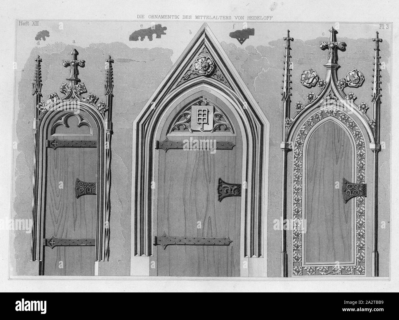 Porte e loro cerniere, illustrazione di tre porte e loro cerniere dal xix secolo, Pl. 3, p. 61, 1846, Carl Heideloff: Die Ornamentik des Mittelalters: eine Sammlung auserwählter Verziehrungen und byzantinischer profilo und deutscher Architektur = Les ornamenti du moyen-âge. III. Banda. Nürnberg: Geiger 1846 Foto Stock