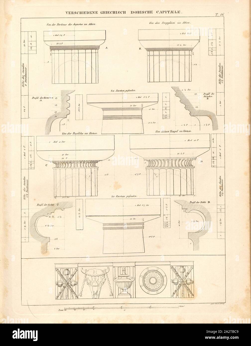 Varie greco capitelli dorici, dettagli sulle colonne del tempio di Apollo su Delos, firmato: firmato da F. Jättnig, bar 16, dopo p. 116, Jättnig, Ferdinando (sc.), 1845, Johann Matthäus von Mauch: Neue systematische Darstellung der architektonischen Ordnungen der Griechen, Römer und neuern Baumeister. Dritte Auflage. Potsdam: Verlag von Ferdinand Riegel, 1845 Foto Stock