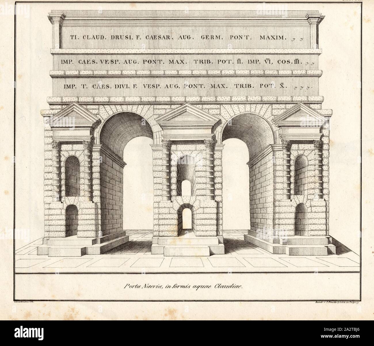 Gate Naevian sotto forma di acqua, Claudia, città antica porta della Servian parete in Roma, firmato: C. A. Lehmann (lith.), Steindr., V, E. Pönicke & Sohn, Tab. XI, Lehmann, C. A. (lith.), Pönicke, E et Sohn (Steindr.), Franz Heinrich Köhler: Urbs Roma: Ansichten der Tempel, Paläste, teatro, Anfiteatro, Triumphbogen, Porticus, Circi, Naumachieen, Basilieae, Grabmäler, Wasserleitungen, Thore, Bäder, Ehrensäulen, Obelisken ecc. Bd. 1. Lipsia: Köhler, 1829 Foto Stock