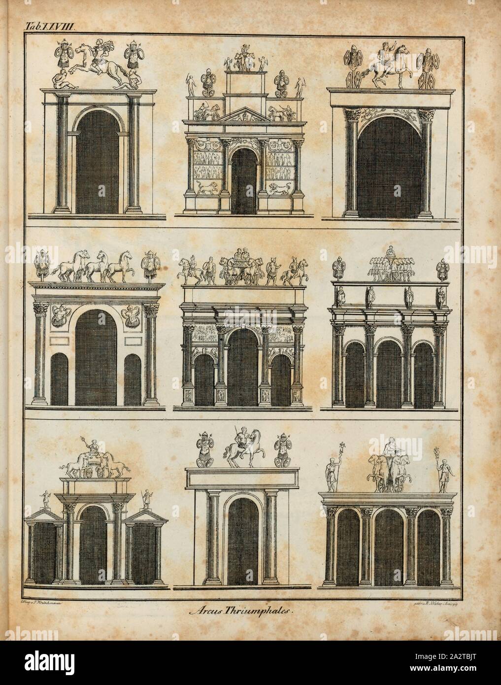 Arc de Triomphe, archi trionfali dai tempi dei romani, firmato: lithog., v, F. Kretschmann, gedr., R. Weber, Tab. XXVIII, Kretschmann, F. (lith.), Weber, Rudolf (gedr.), Franz Heinrich Köhler: Urbs Roma: Ansichten der Tempel, Paläste, teatro, Anfiteatro, Triumphbogen, Porticus, Circi, Naumachieen, Basilieae, Grabmäler, Wasserleitungen, Thore, Bäder, Ehrensäulen, Obelisken ecc. Bd. 2. Lipsia: Köhler, 1829 Foto Stock